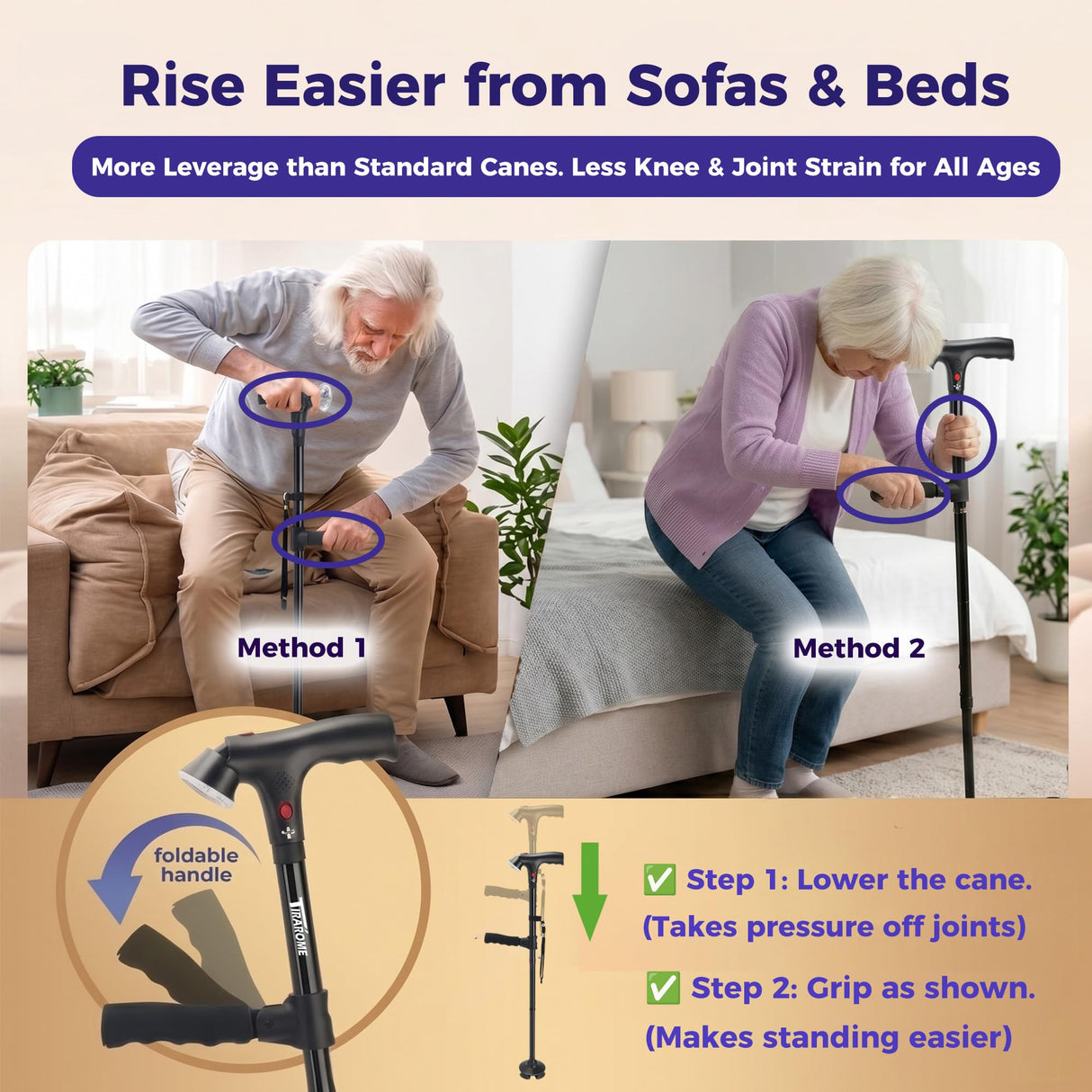 Walking Cane for Men & Women, 3-in-1 Folding Cane with Alarm and Light, Adjustable, Collapsible Walking Stick for Seniors and Adults Balance with a Second Handle