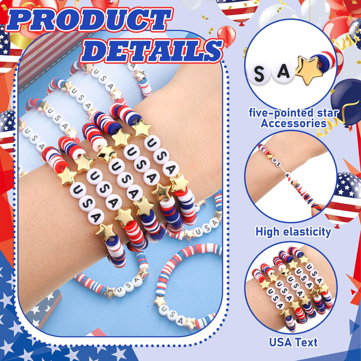 Huquary 24 Pcs USA Bracelets Bulk Red White Blue Polymer Clay Beaded,Usa