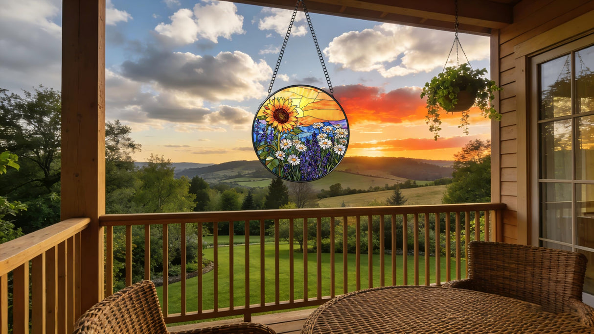 Argodaze Stained Glass Window Hanging - Sunflowers, Daisies, Lavender and Sunset 6.3 Inches Suncatcher for Garden Home Decor for Women Mom Grandma Friends