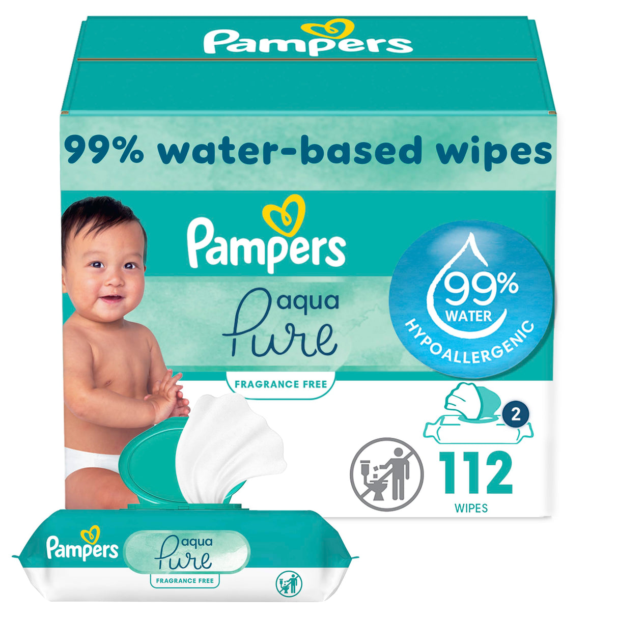 Pampers Baby Wipes Aqua Pure, 99% water-based wipes, Hypoallergenic and Unscented Infant Wipe, 448 Total (8 Flip-Top Packs)