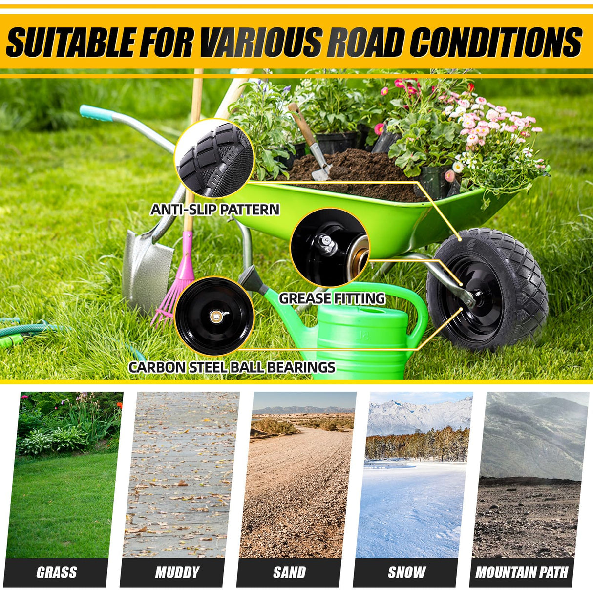 MZREXN 4.80/4.00-8" Flat Free Tire and Wheel 15" Wheelbarrow Tires