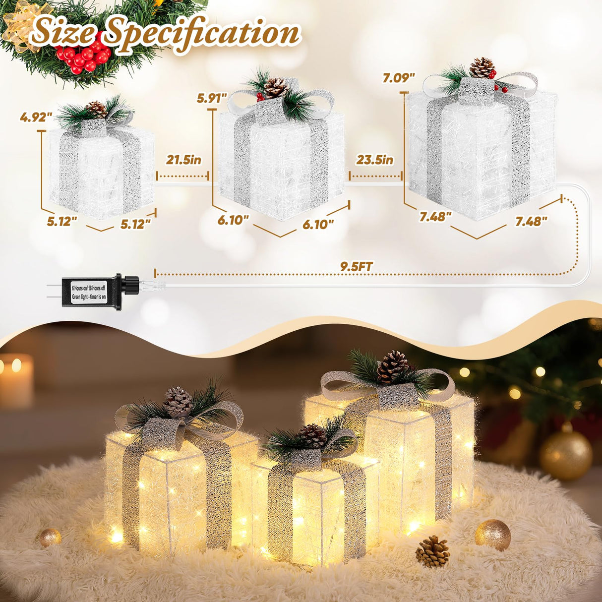 TOWPONICS Set of 3 Christmas Lighted Gift Boxes with Plug, Indoor Outdoor Christmas Decorations with 60 LED Warm White Mini String Lights, Present Boxes with Silver Tinsel for Xmas Tree Porch Decor