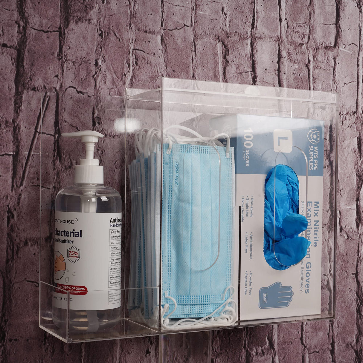 SEANADO Face Mask Dispenser 3 Compartment Acrylic Glove Box Holder Hygiene Station for Disposable Face Masks, Emesis Bag, Shoe Cover and Hairnet, Wall Mount Holes or Tabletop Holder (Clear)