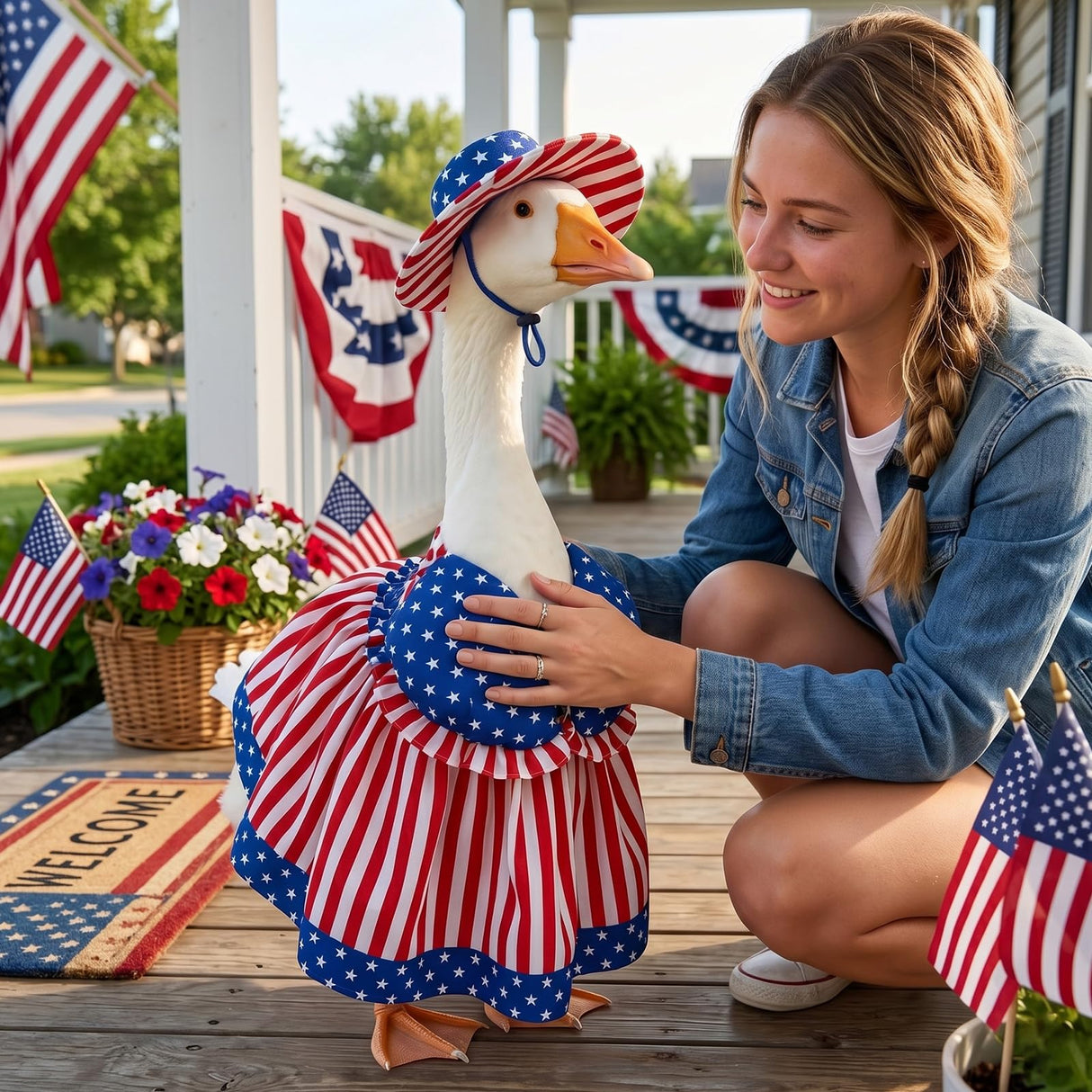 Aposwow 4th of July Porch Goose Outfit, USA Patriotic Goose Costume with Swimsuit Hat Sunglasses Lawn Art, 250th Anniversary Outfits for 23" Garden Geese Statue Garden Decoration
