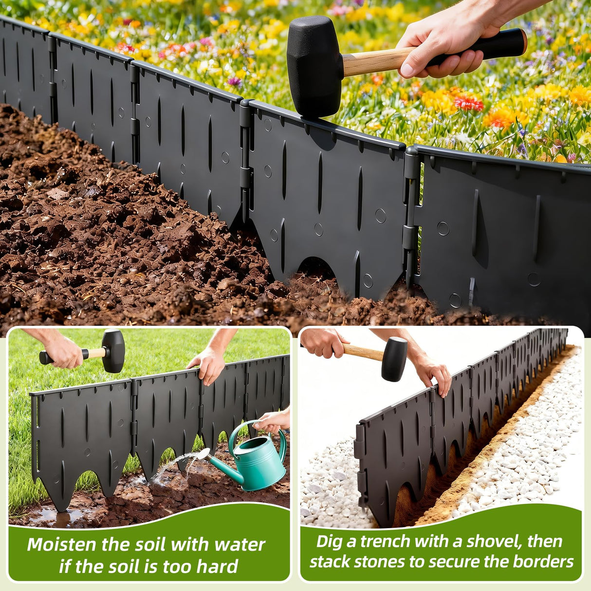 38PCS Garden Edging Border - 20FT Sturdy Landscape Flower Bed Lawn Edging Borders, Plastic Decorative Garden Fence Landscape Border, Interlocking Design for Patio Yard Pathway Sidewalk