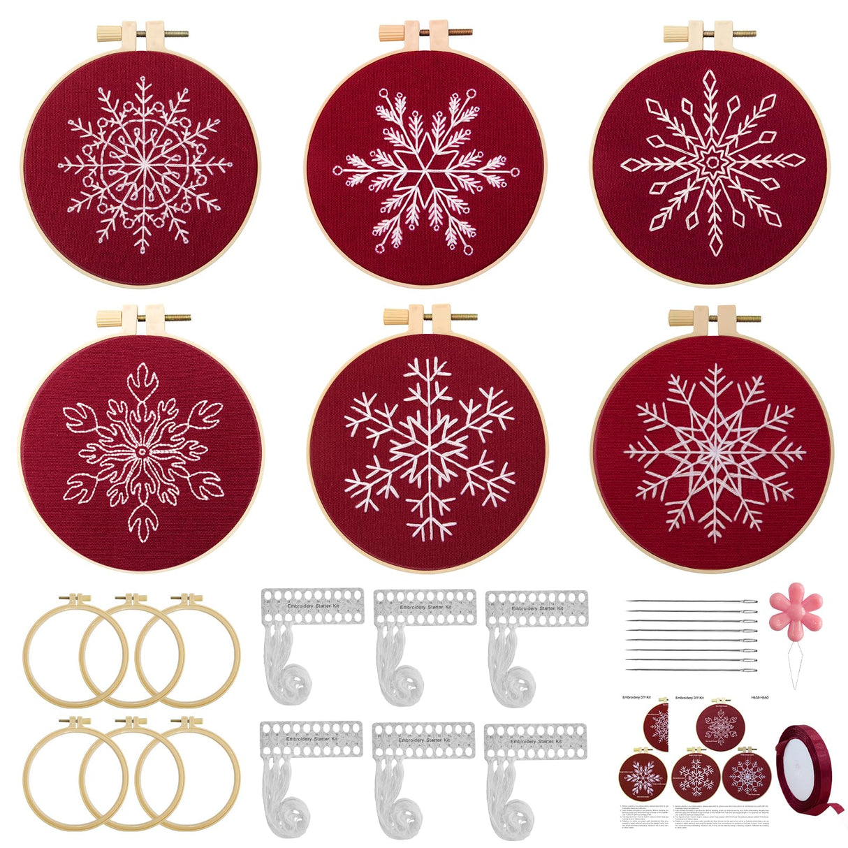 6 Sets Christmas Embroidery kit for Beginners Adults, Antique Red Christmas Ornament Kit Snowflakes Needlepoint Cross Stitch Kits with Patterns, Stitch Learning Kit with Needles Ropes Ribbon-Red