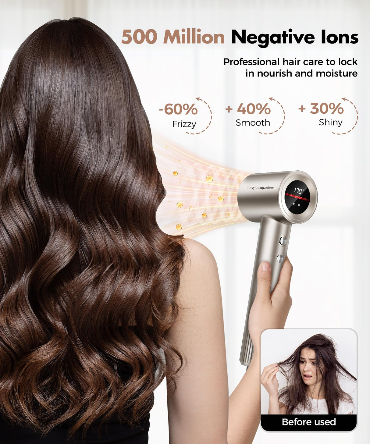 Hair Dryer, 150000RPM High-Speed Hairdryer for Fast Drying, Low Noise, HD Display, 5 Temps & 2 Speeds, 500 Million Negative Ionic Blow Dryer with Diffuser & Nozzle, Gold