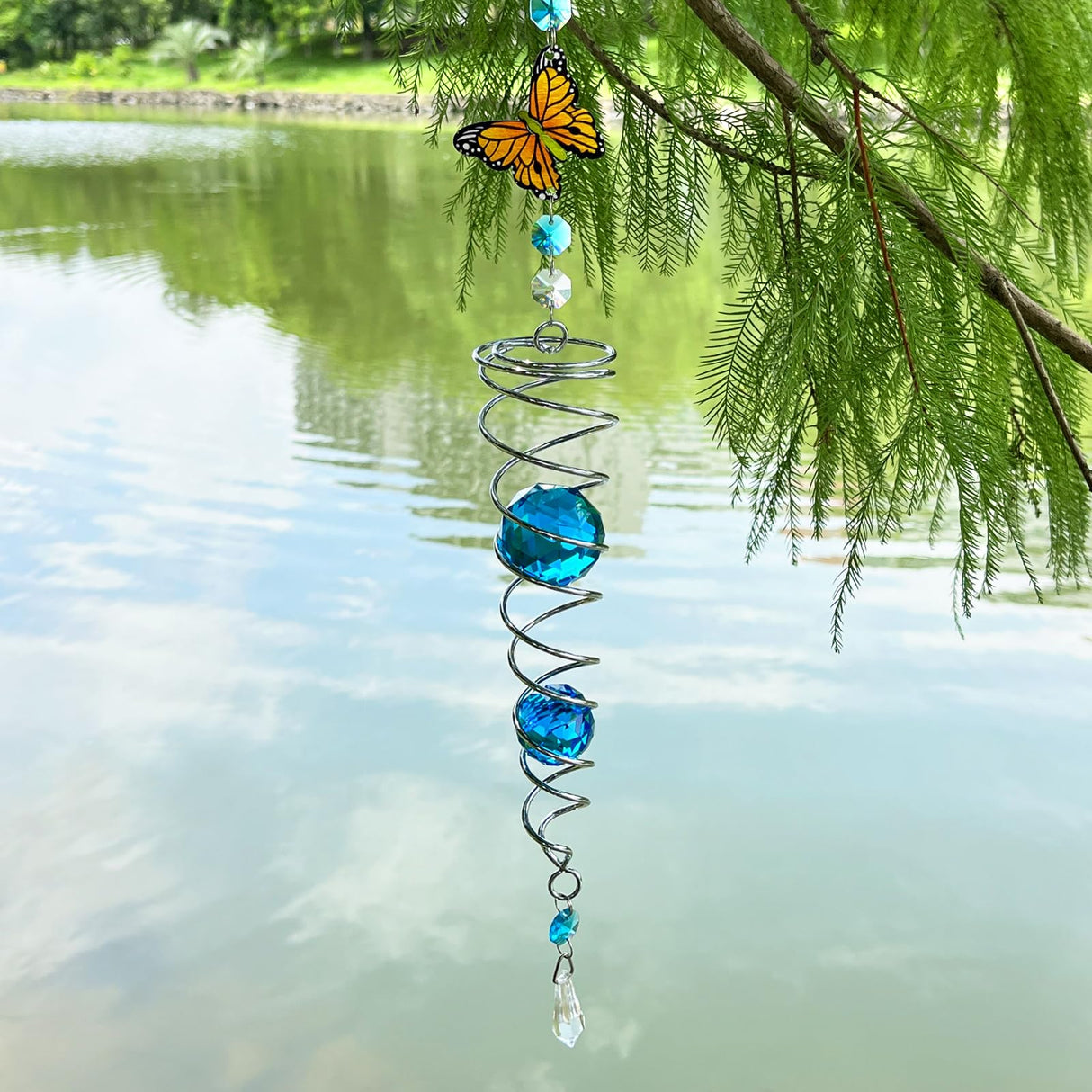 FONMY Butterfly Sun Catcher Gazing Ball Wind Spinner Rainbow Maker Silver Spiral W/ K9 Blue Crystal Ball Christmas Gfit Tree Hanging Ornament Indoor Outdoor Garden Decor. 19.5inch H