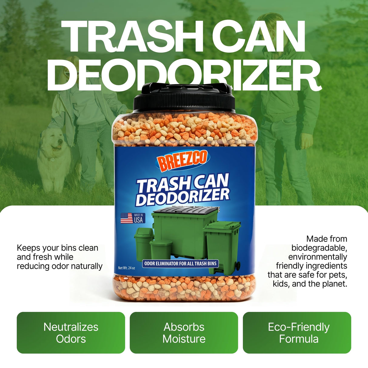 Trash Can Deodorizer 1.5lbs - Outdoor Trash Can Deodorizer & Liquid Waste Absorber, (Made in USA) Biodegradable Trash Can Odor Eliminator, Neutralizes Garbage Smells & Absorbs Liquids - 7 Cups