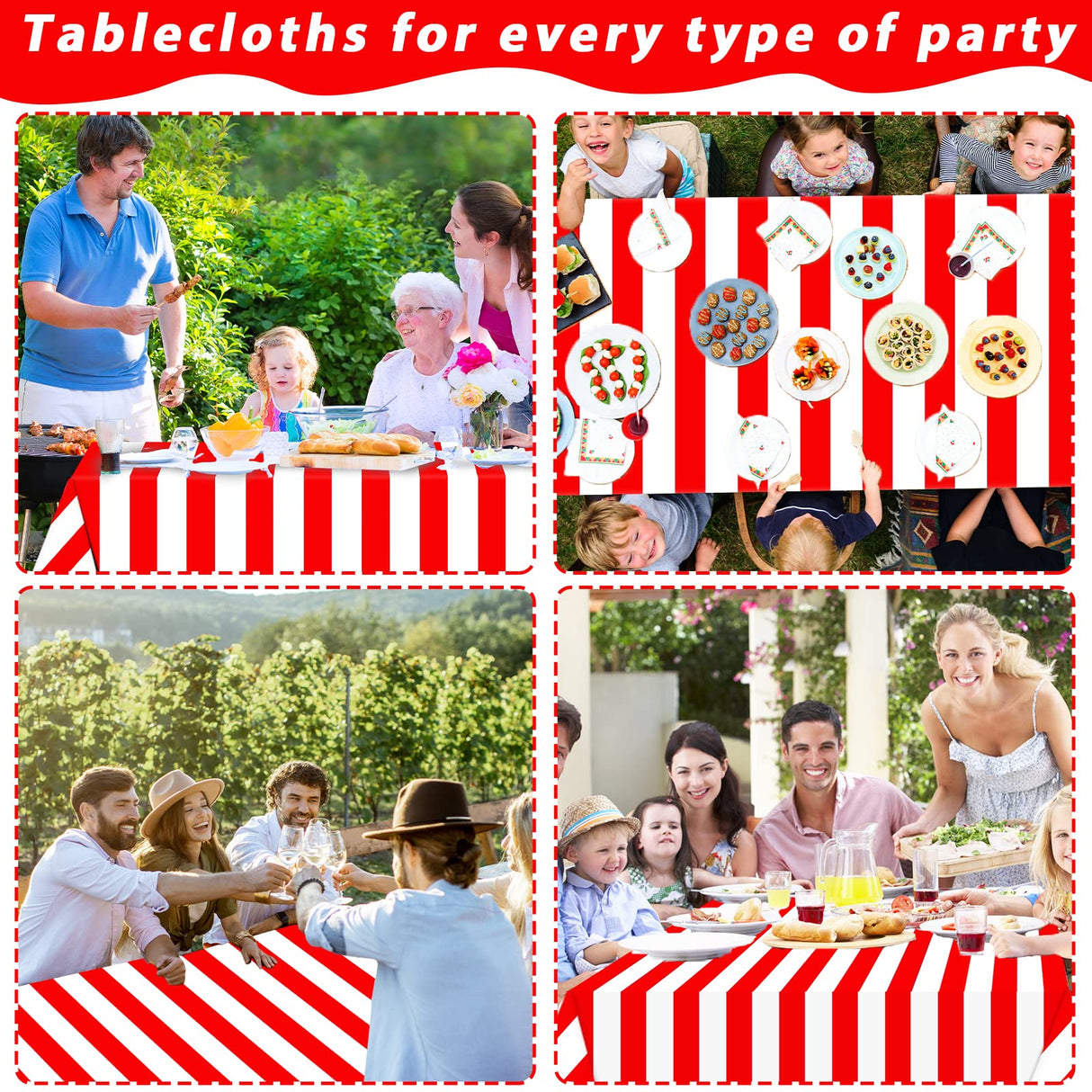 Red and White Striped Tablecloth Roll 52 in x 100 Ft with Slide Cutter Circus Carnival Party Supplies Halloween Christmas Plastic Picnic Table Cover for Indoor Outdoor Events Family Banquet Party