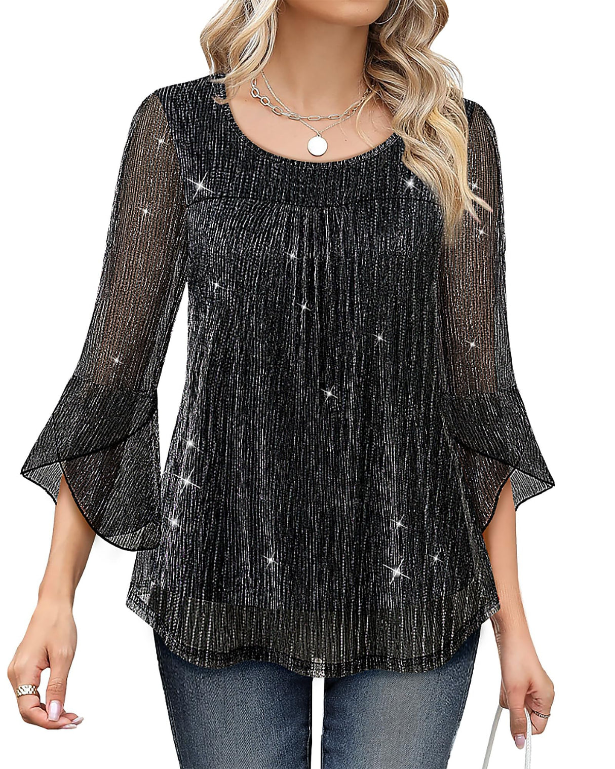 Bebonnie Holiday Outfits for Women 2025: Women's Long Sleeve Fall Winter Fashion Elegant Sparkly Sequin Casual Dressy Shirts Fancy Cute Mesh Blouses Christmas Flowy Tunic Tops Black SilverXL