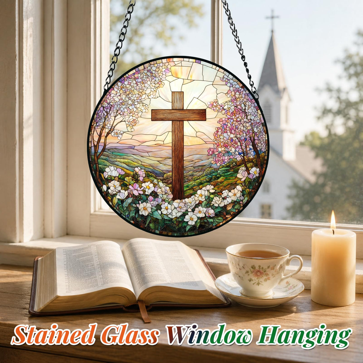 Cross and Wildflowers Stained Glass Sun Catcher,Christian Suncatchers Window Hanging Flower Cross Gift for Religious Home Decor, Easter Faith Christmas Christian Gifts for Mom 7.8 Inch