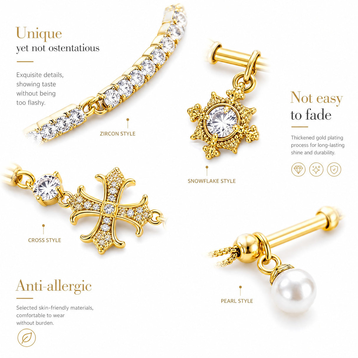14K Gold Bracelet for Women | Cross Charm, Adjustable Slider-2Pcs