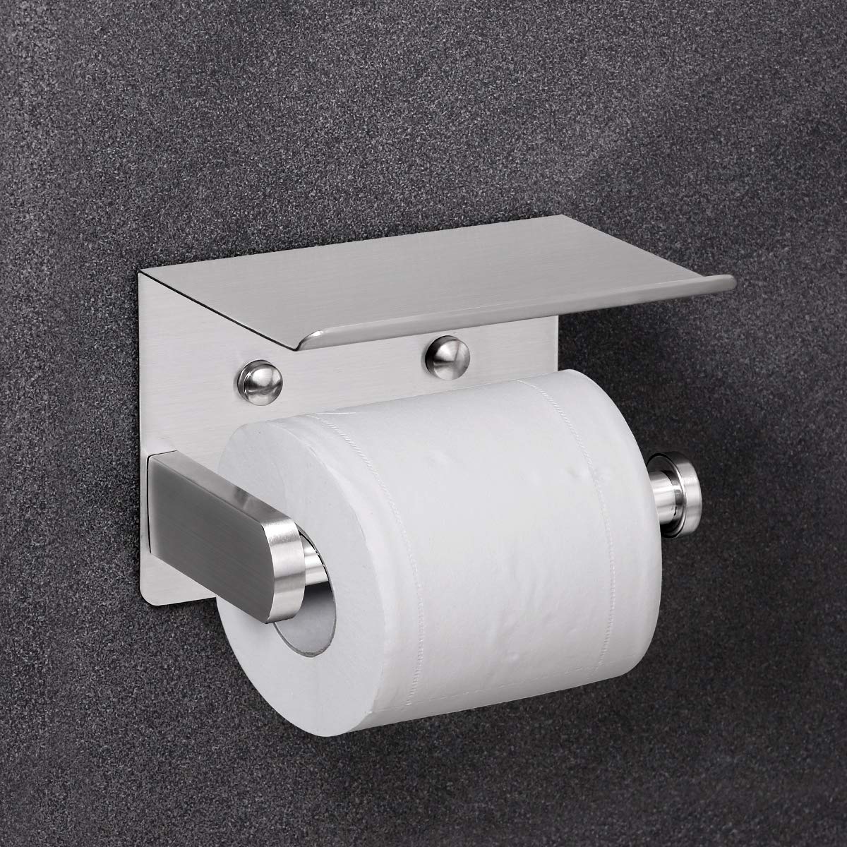 VAEHOLD Self Adhesive Toilet Paper Holder with Phone Shelf Stainless Steel Wall Mounted Toilet Paper Roll Holder - Rustproof and Bathroom Washroom Tissue Roll Holder with Storage Shelf - Silver