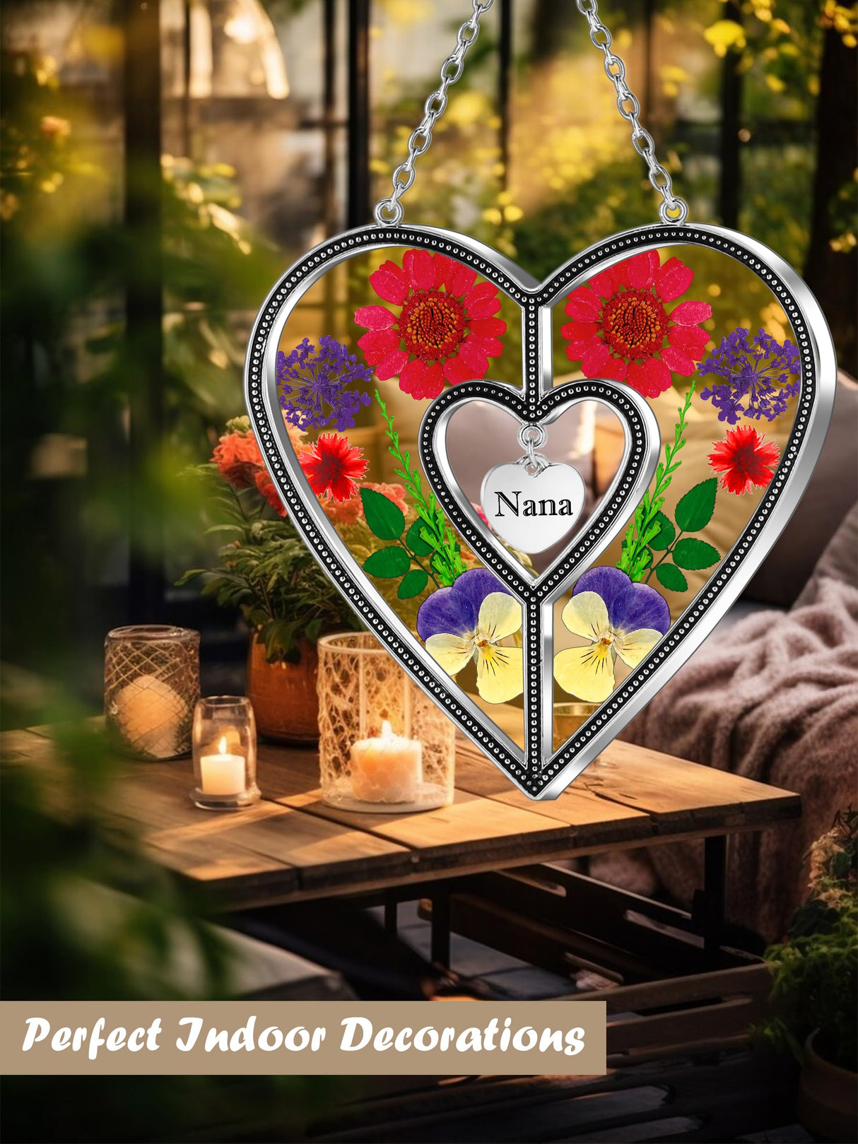 KY&BOSAM Nana Gifts Heart Suncatcher Stained Glass Panel Suncatchers for Window Hanging Ornament Wind Chime Pressed Flower Embedded in Glass and Heart Charm Birthday Gifts for Nana