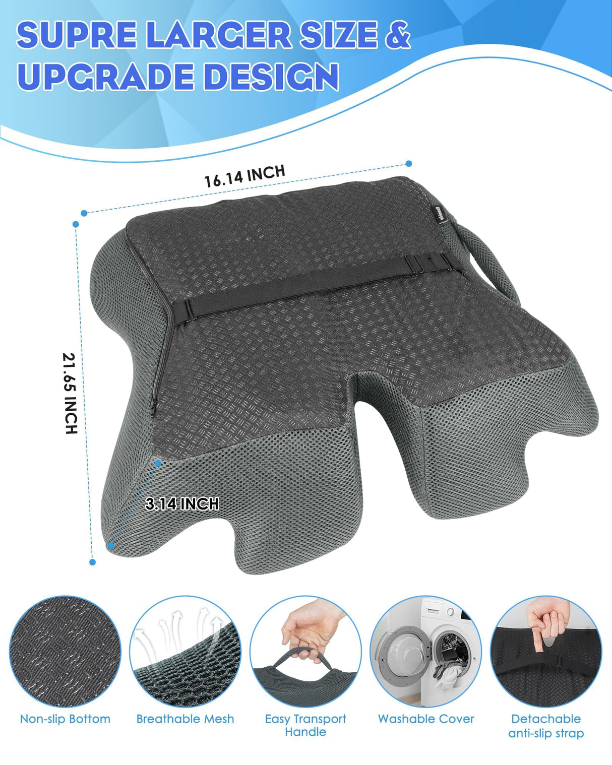 KFM 16" Large Memory Foam Seat Cushion Thick for Long Sitting Pressure Tailbone Pain Relief Height Adjustable with Retaining Strap for Office, Gaming Chair, Car, Wheelchair (Grey)