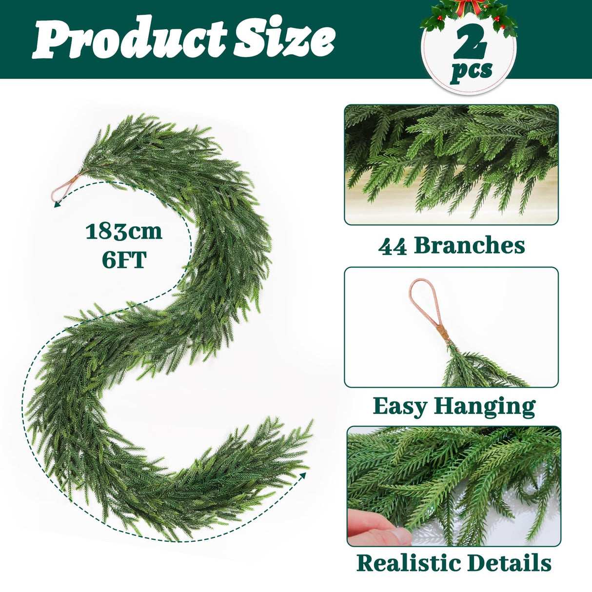 TOWPONICS 12FT(2 * 6FT) Christmas Norfolk Pine Garland, Real Touch Faux Green Garlands, Winter Artificial Greenery Garland for Mantle, Stairs, Table, Fireplace, Indoor & Outdoor Xmas Decorations