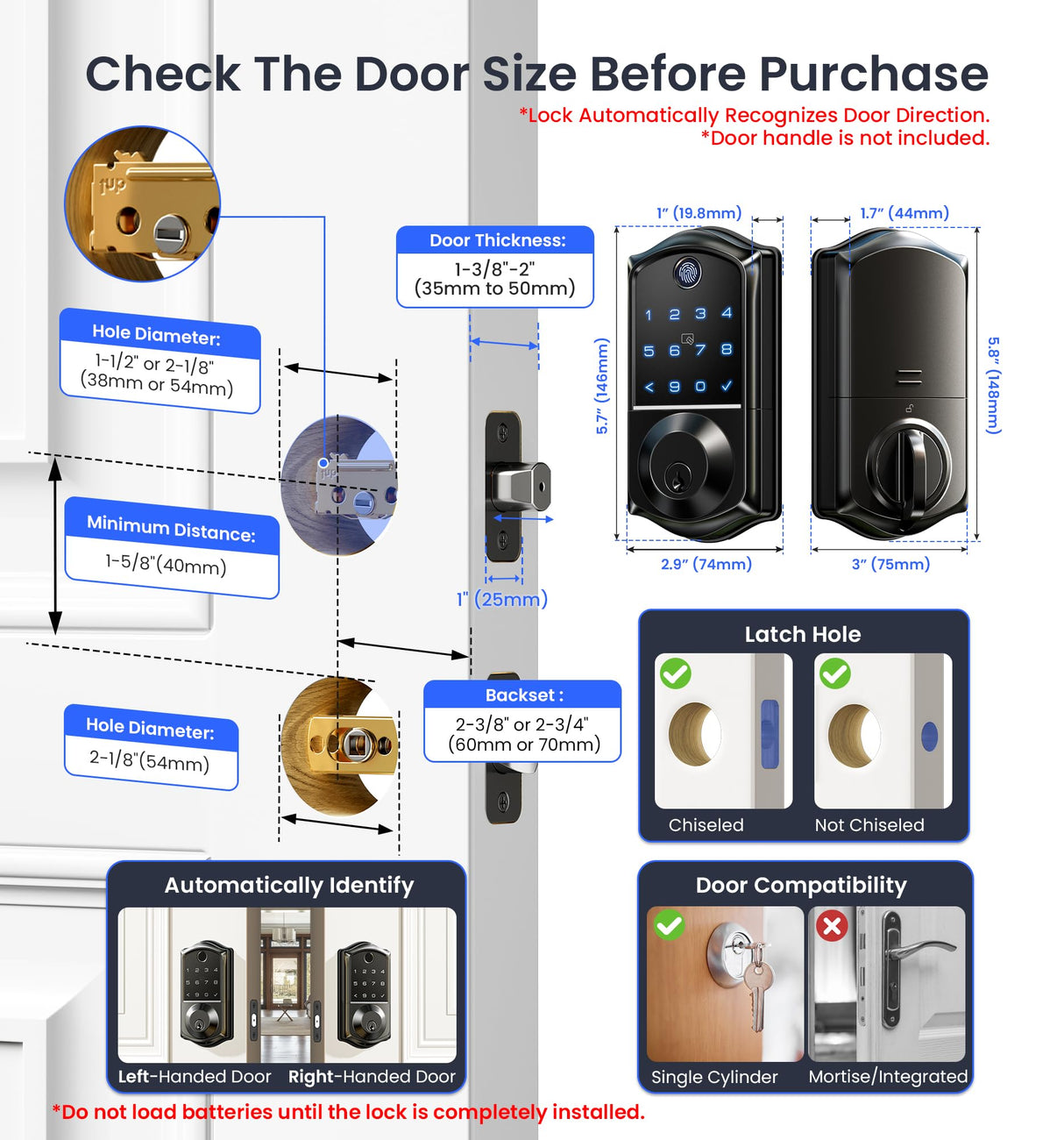 Veise VE017 Fingerprint Smart Door Lock, App Control, 8-in-1 Keyless Entry, Auto Lock, Emergency Power Port, Electronic Touchscreen Keypad, Biometric Smart Locks for Front Door, Matte Black