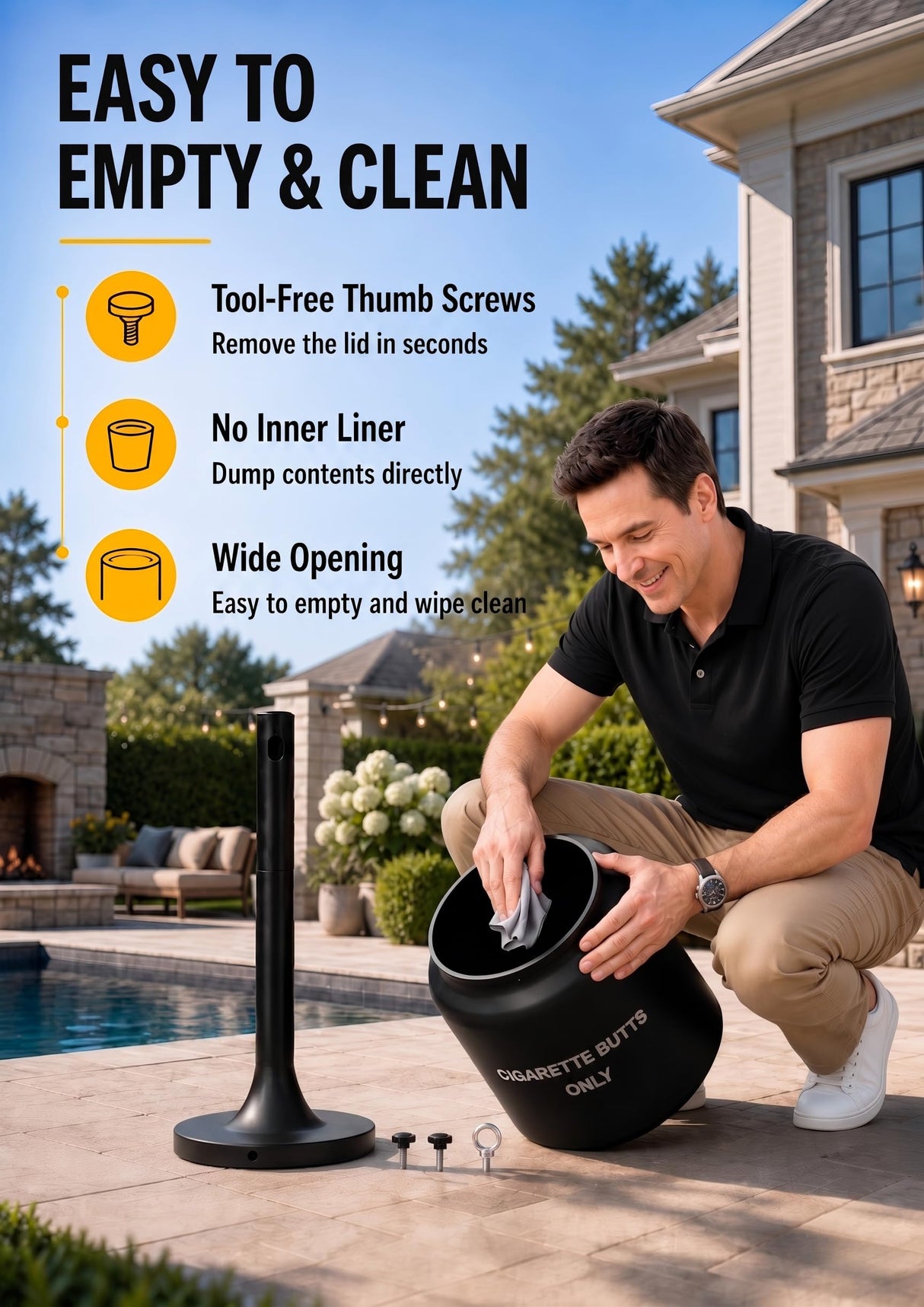 Aluminum 5 Gallon Cigarette Butt Disposal Outdoor, Durable Smoker’s Outpost Site Saver Cigarette Receptacle, Large All Weather Outdoor Ashtray 40" H x 12" Diameter, Black