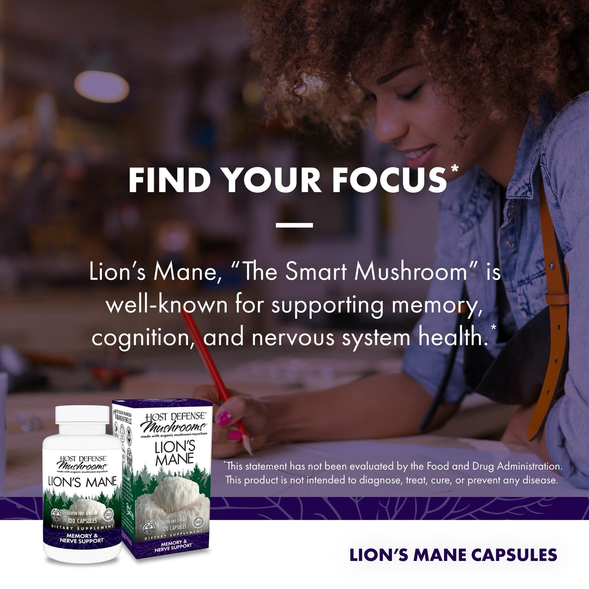 Host Defense Mushrooms Lion's Mane - Supplement Capsules for Brain Health Support - Mushroom Support for Focus & Memory Function - Immune & Nervous System Supplement - 120 Capsules (60 Servings)*