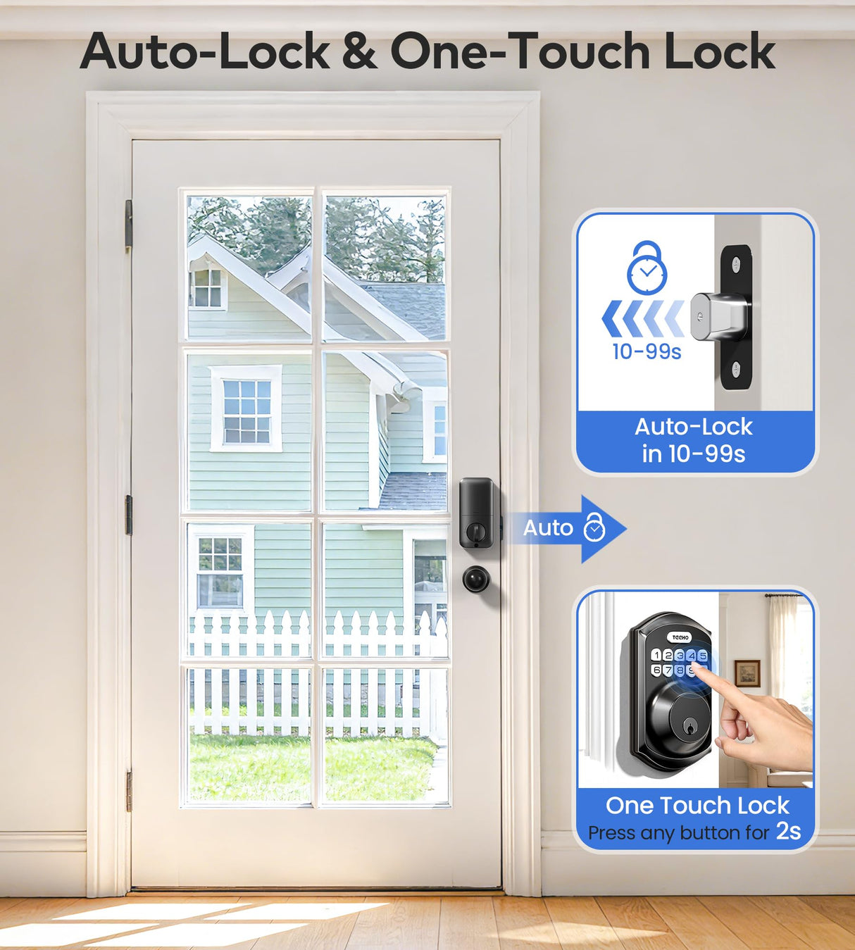 TEEHO TE001K Keyless Entry Door Lock with Handle, Electronic Keypad Deadbolt with 2 Knobs, High-Security Front Door Handle Set for Home & Rental, Smart Auto-Locking, Easy Install, Matte Black
