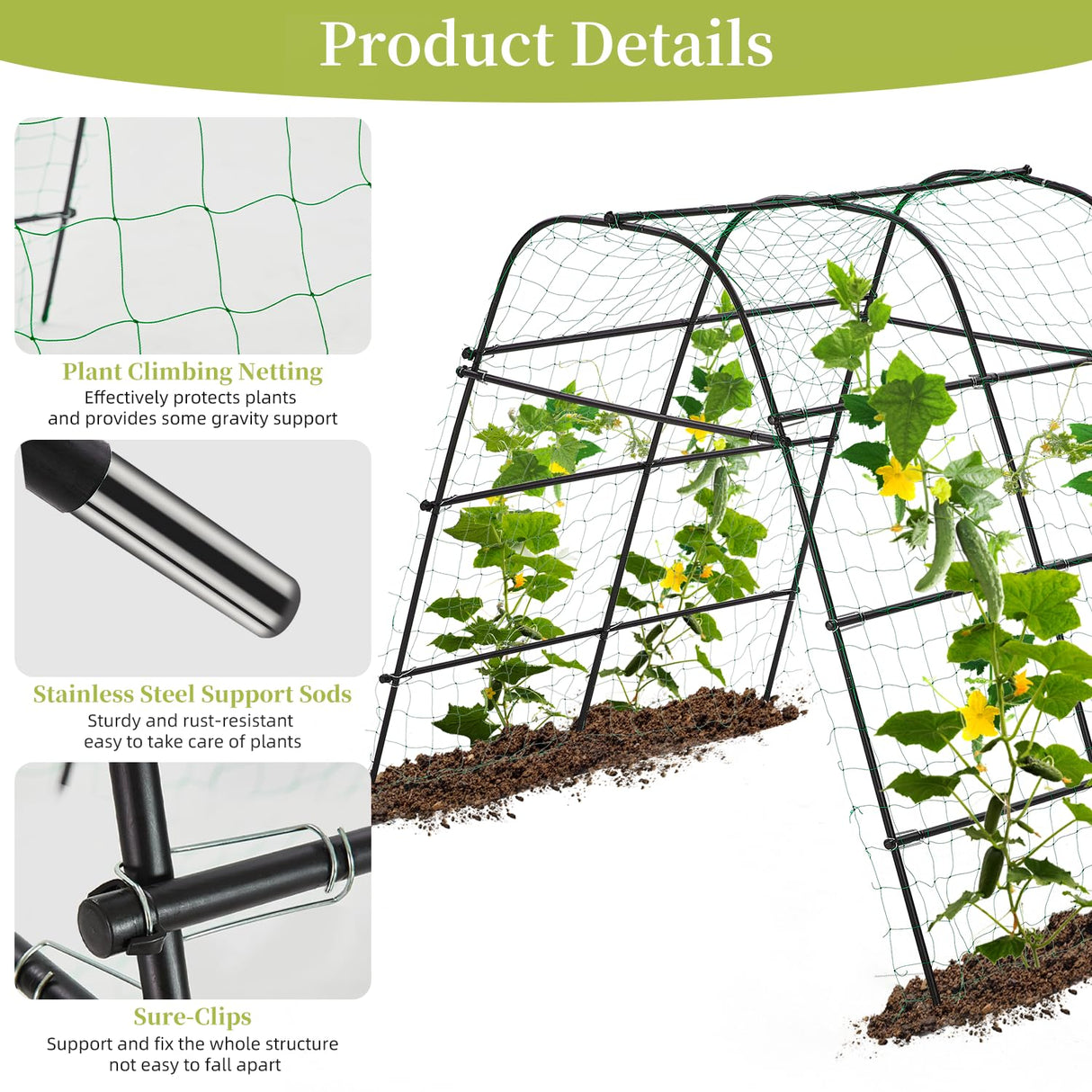 IDEA FAMILY Cucumber Trellis for Raised Bed 67" x 67" U-Frame Garden Arch Tunnel with Netting Vegetable Fruit Flower Lightweight Metal Plant Support for Climbing Plants Outdoor,Black