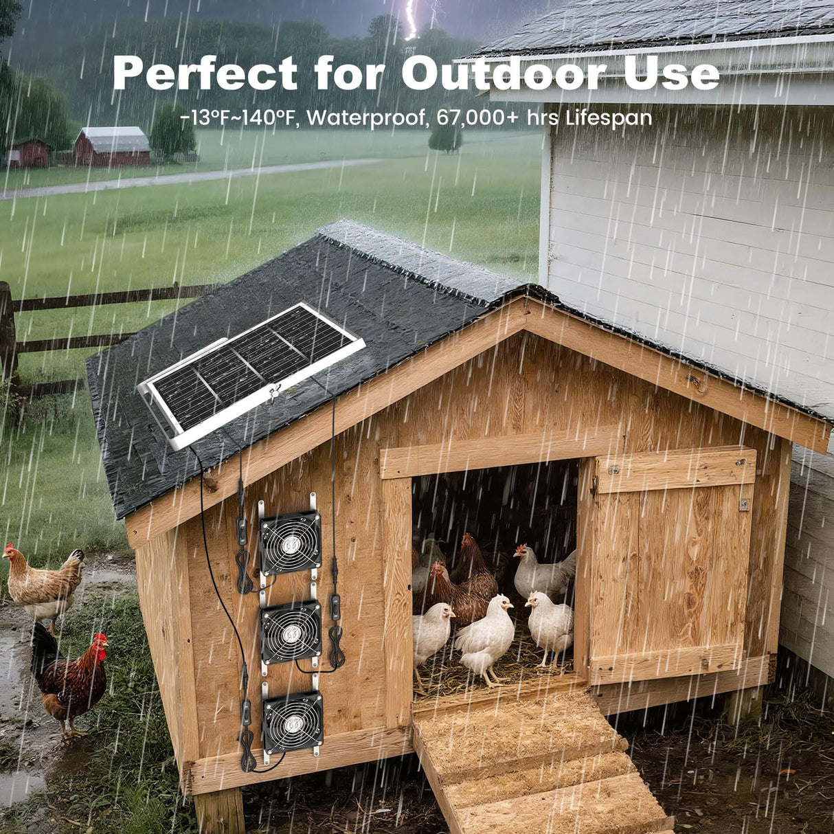 pqins New 5.5" Solar Chicken Coop Fan 3 Kit, 35W Solar Powered Exhaust and Intake Greenhouse Fan Outdoor Waterproof, 16.5ft Cord, Strong Airflow, for Shed Air Circulation and Ventilation, No Battery