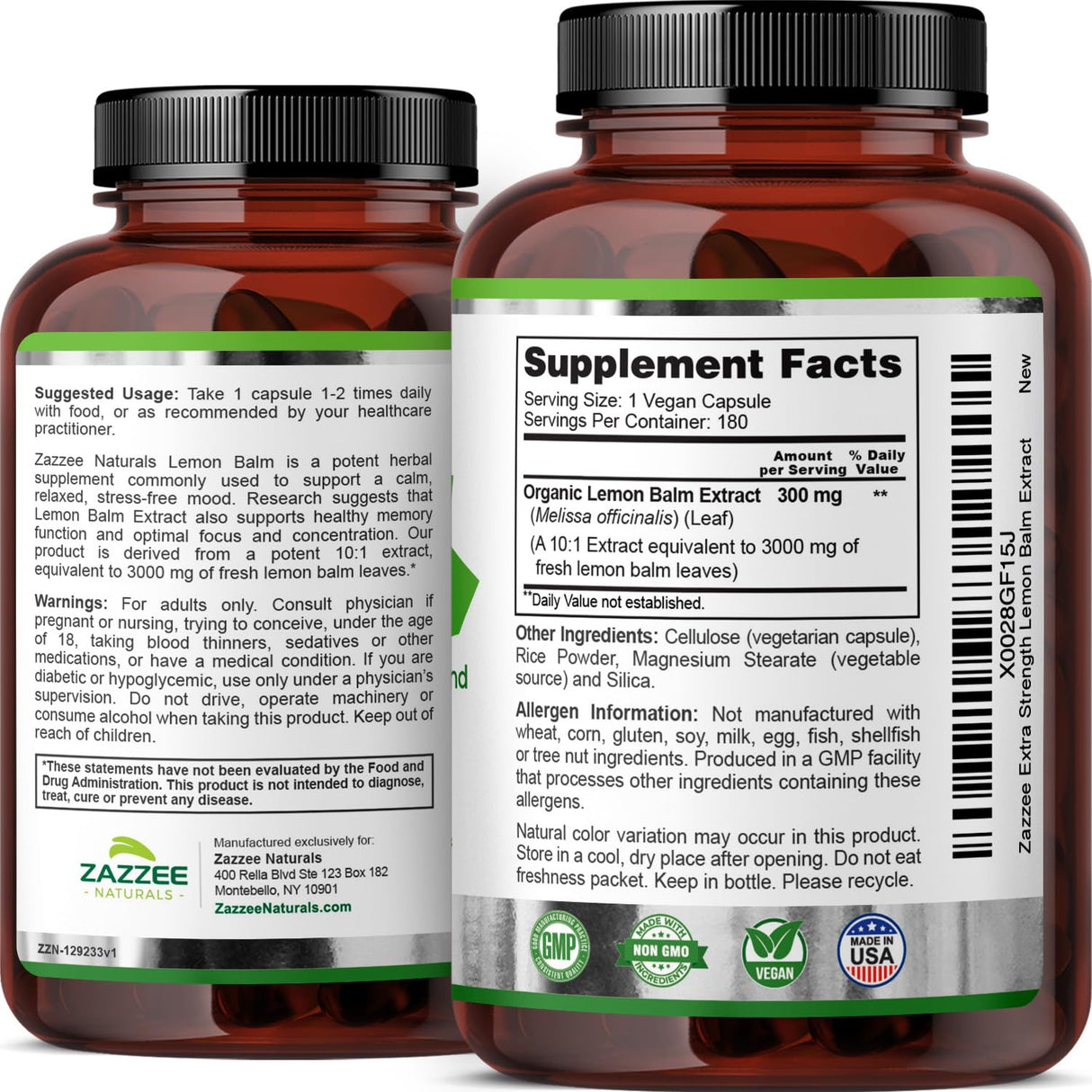 Zazzee Organic Lemon Balm 10:1 Extract, 3000 mg Strength per Capsule, 180 Vegan Capsules, 6 Month Supply, Standardized and Concentrated 10X Extract, 100% Vegetarian, All-Natural and Non-GMO