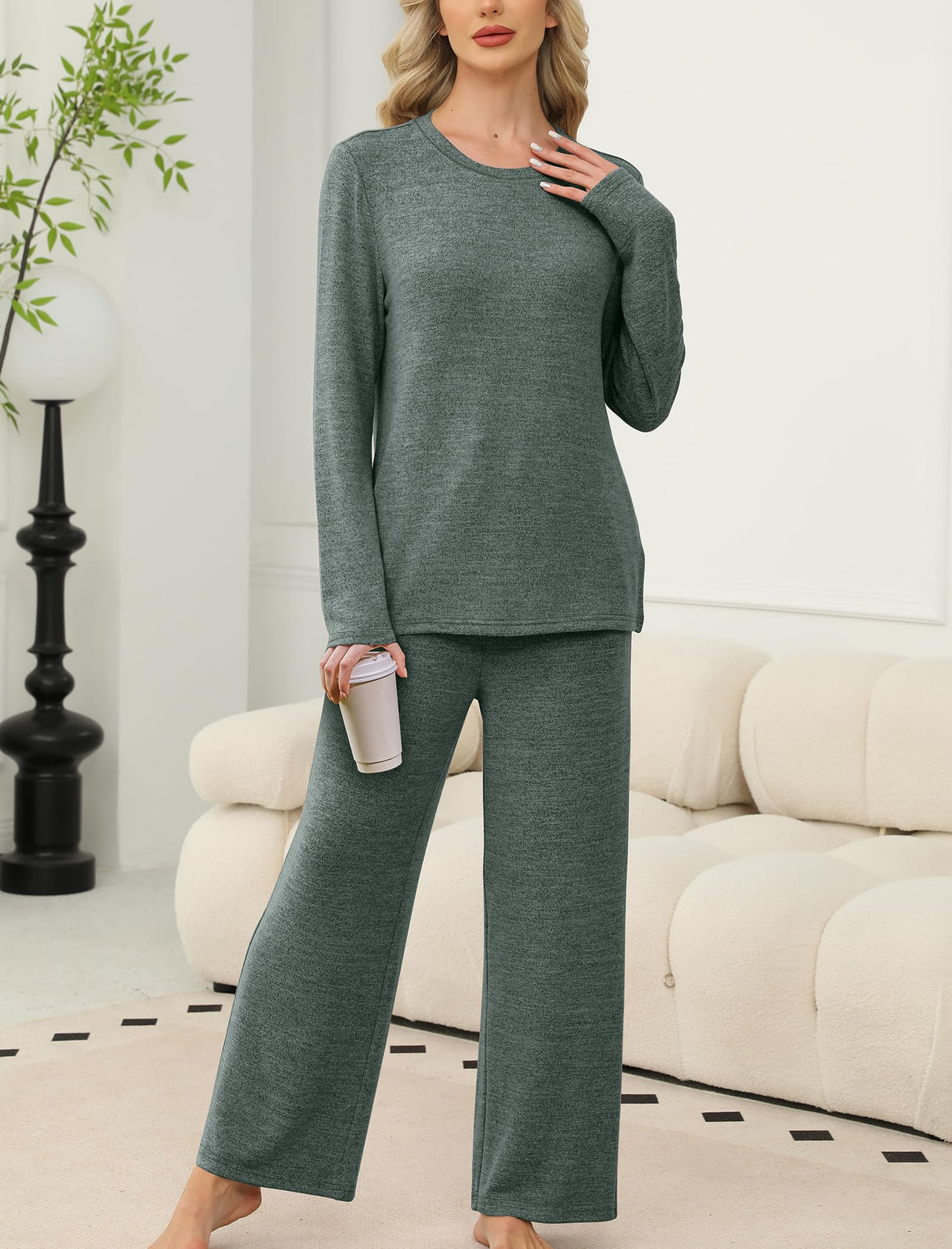 Sampeel Womens Pajama Sets Crewneck Lounge Pjs Two Piece Outfits Family Christmas Pajamas Matching Sets Comfy Clothing Winter Outfits Fall Clothes 2025 Green M