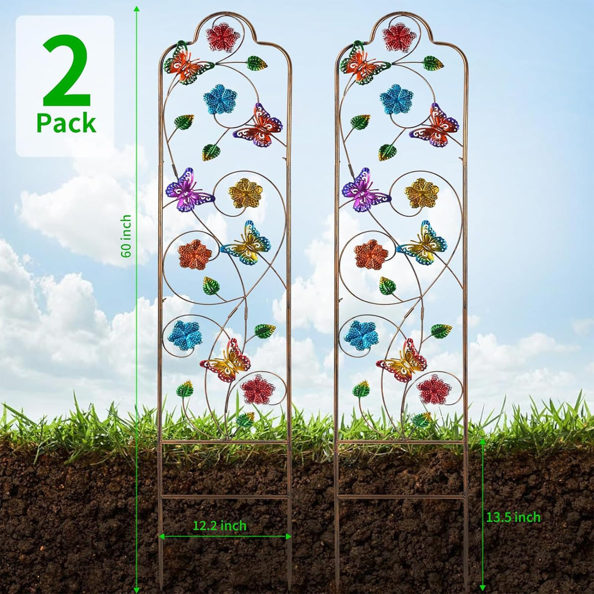 2 Pack Metal Garden Trellis Arched Fence Trellises for Climbing Plants Outdoor, Roses, Vines, Flowers, and Vegetables Support, 60'' H x 12'' W, Butterfly