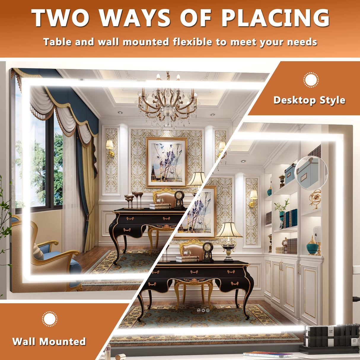 Hasipu Vanity Mirror with Lights, 32" x 22" LED Makeup Mirror, Lighted Makeup Mirror with Dimmable 3 Modes, Touch Screen Control Vanity Mirror Square Black