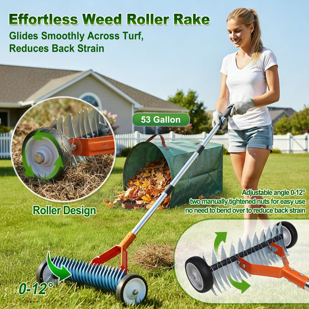 Wheeled Dethatching Rake for Lawn - 15" Heavy Duty Stainless Steel