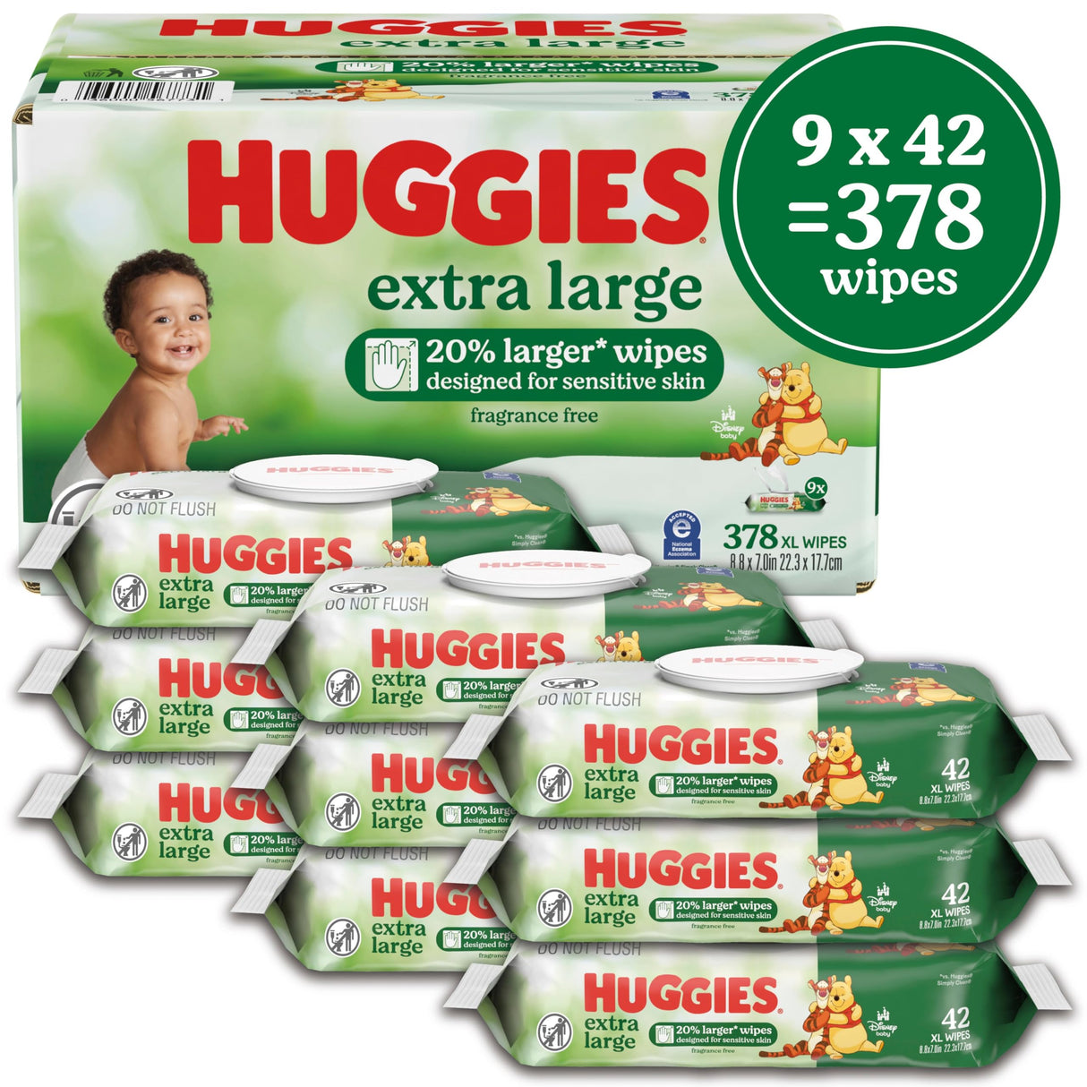 Huggies Extra Large Baby Wipes, Unscented, 9 Flip-Top Packs, 378 XL Wipes Total, Packaging May Vary