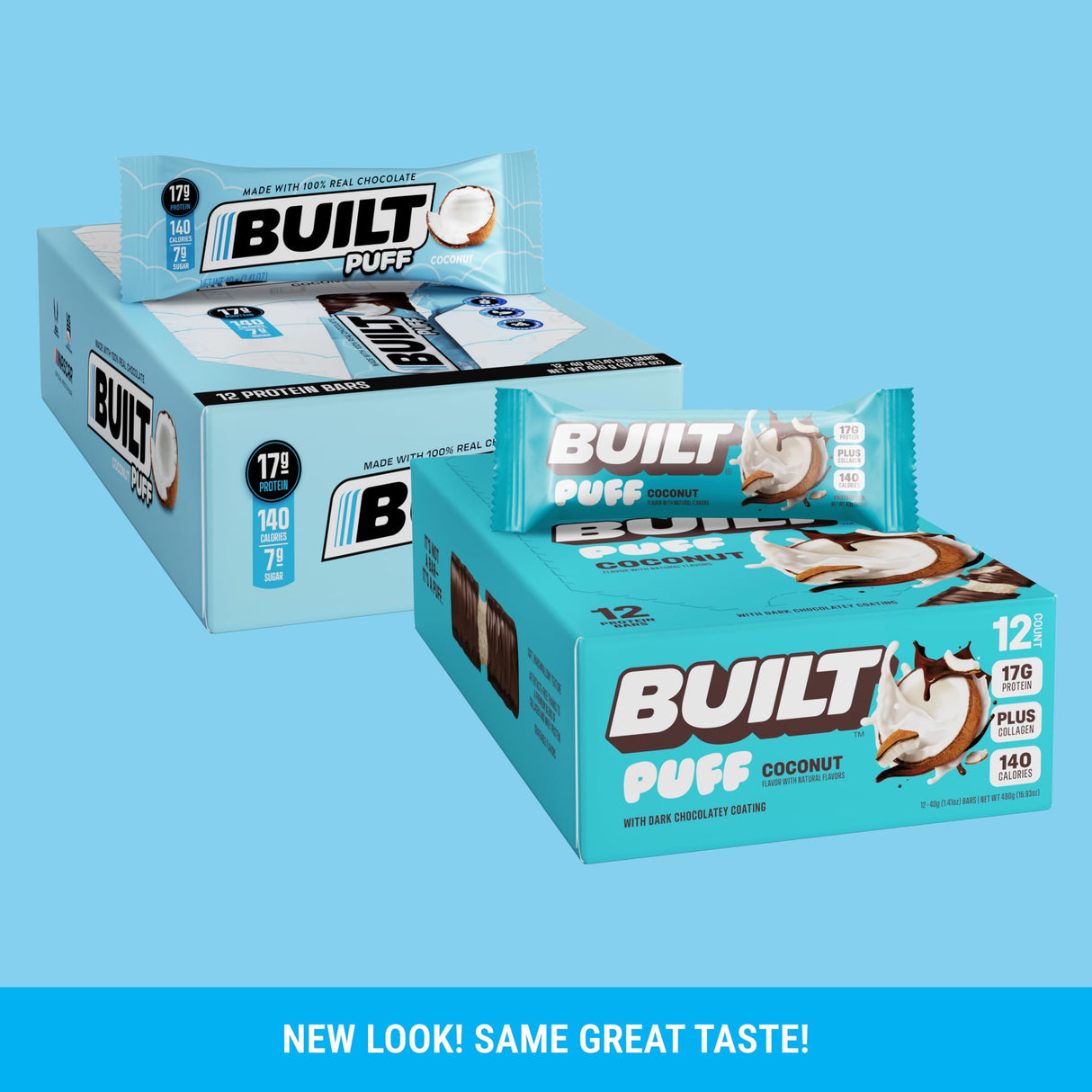 Built Bar, Puff Protein Bars, Coconut Puff, 17g Protein Snacks, On-The-Go Bars, Only 140 Calories, 6g Sugar, Collagen, Gluten Free, 12 Count