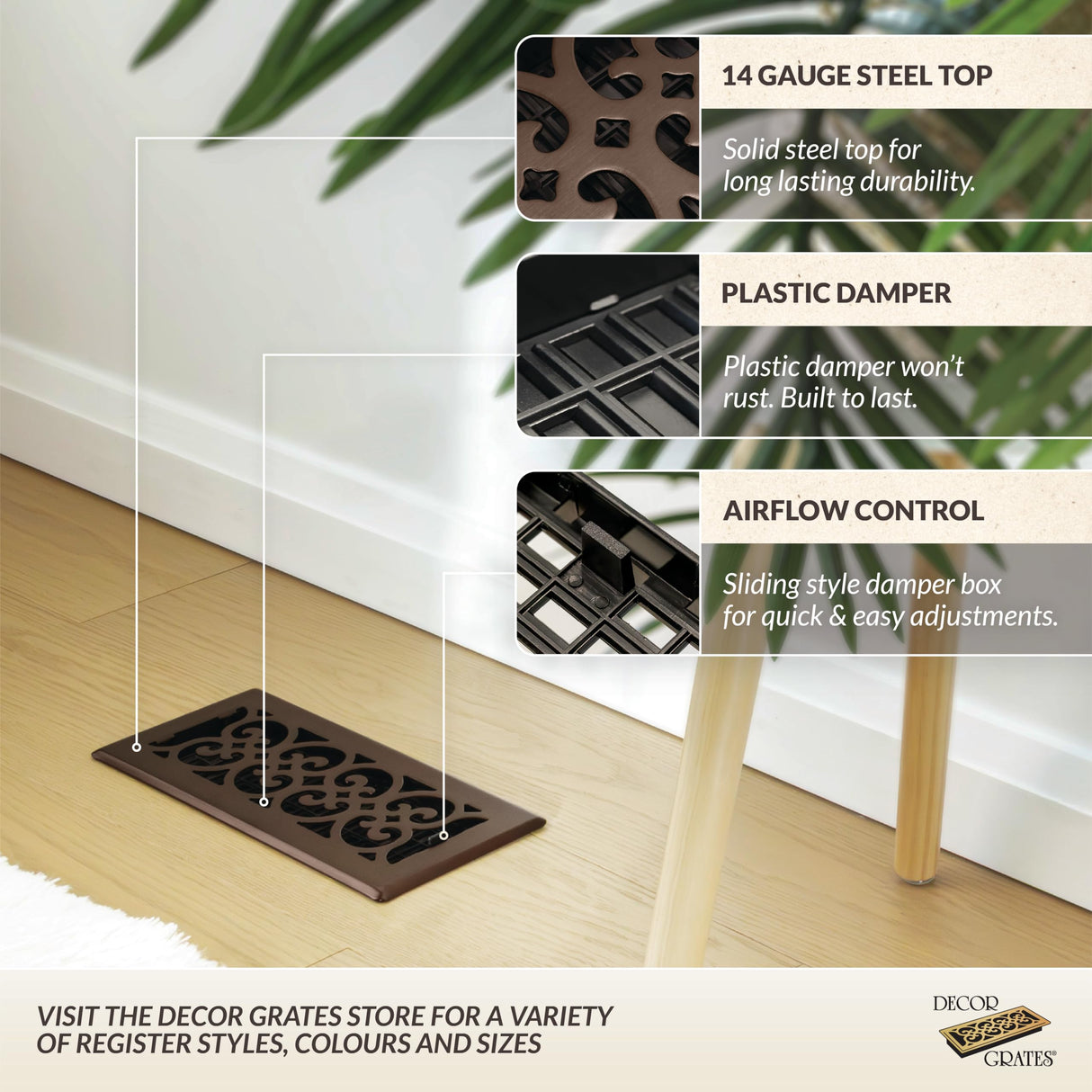 Decor Grates Metal Scroll Decorative Air Vent Cover 4x10 Floor Register – Adjustable Control Lever – AC Floor Vent Covers for Home Floor Vents – Fits 4 x 10 Inch Opening – Rubbed Bronze (SPH410-RB)