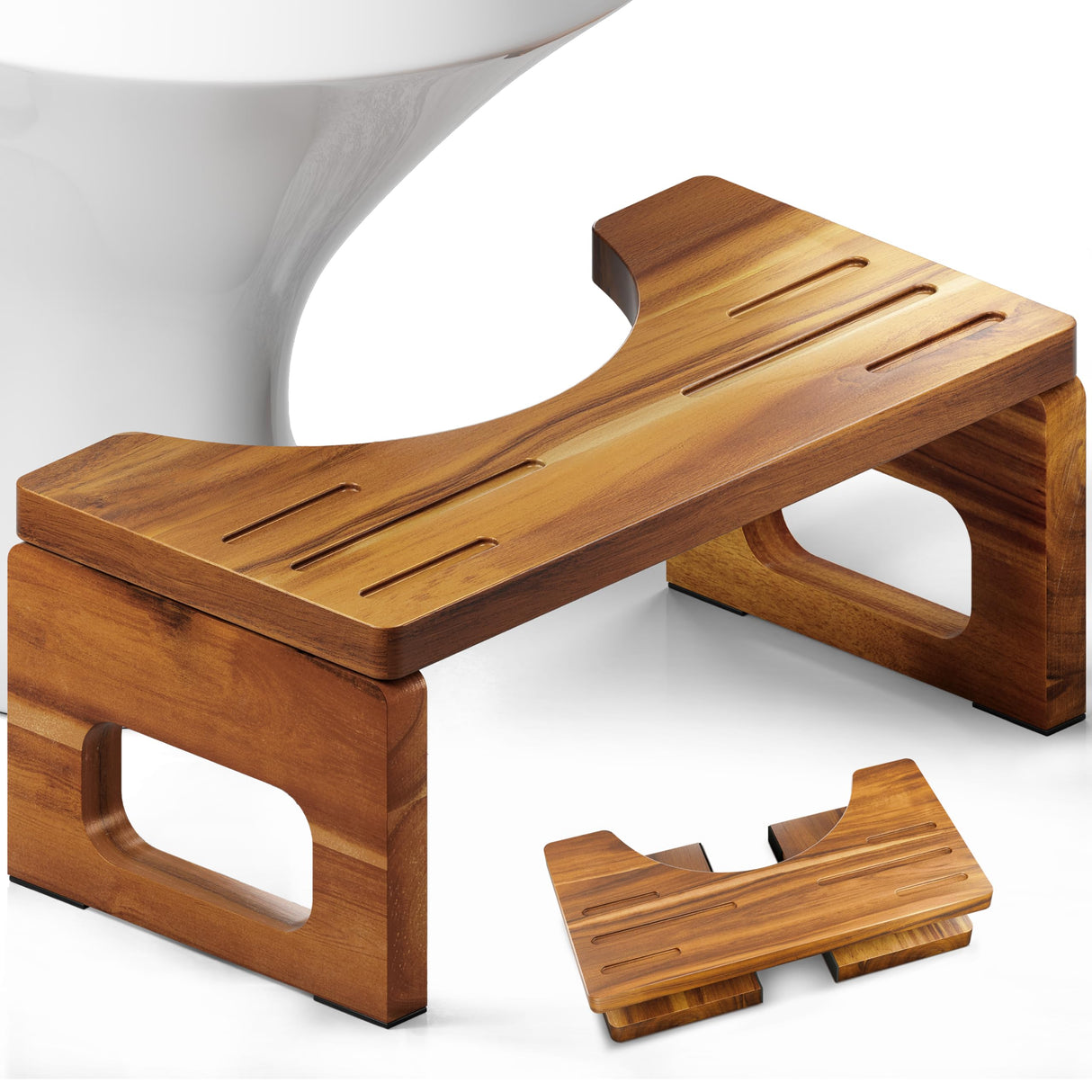 BLUEWEST Foldable Toilet Stool, Acacia Wood Poop Stool for Potty Training, 7 Inch Non-Slip Bathroom Step with Collapsible Design for Adults