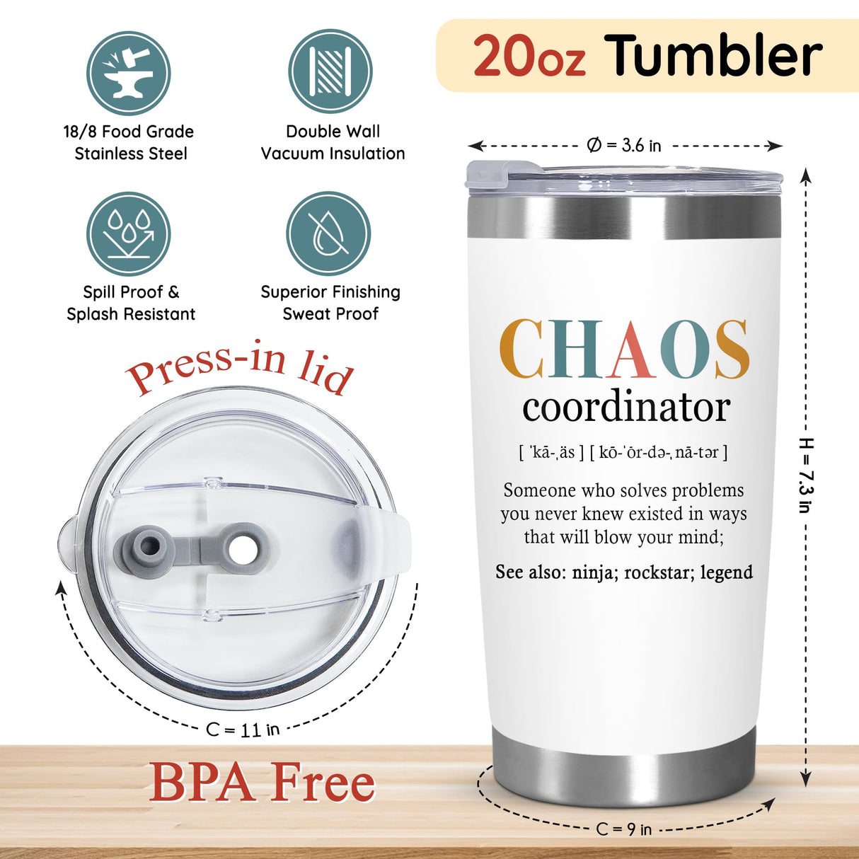 TEEZWONDER Christmas Thank You Gifts For Women - Chaos Coordinator Insulated Coffee Tumbler with Lid 20 oz - Teacher Retirement Appreciation Birthday Gifts for Women Friends Coworkers Boss Employee