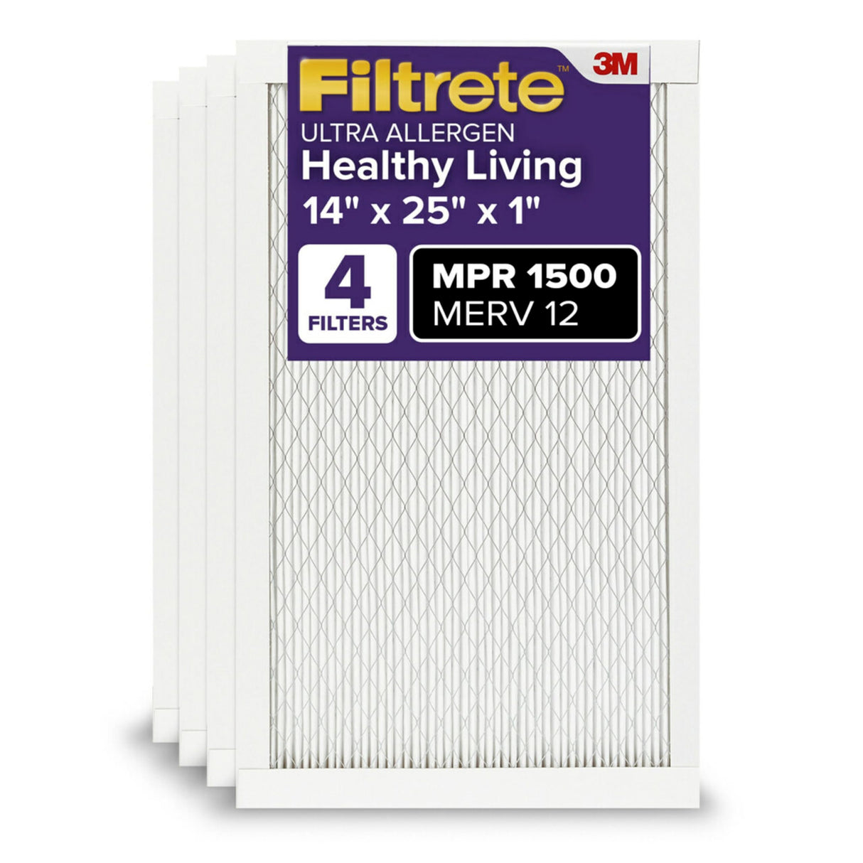 Filtrete 14x25x1 AC Furnace Air Filter, MERV 12, MPR 1500, CERTIFIED asthma & allergy friendly, 3 Month Pleated 1-Inch Electrostatic Air Cleaning Filter, 4-Pack (Actual Size 13.81x24.81x0.78 in)