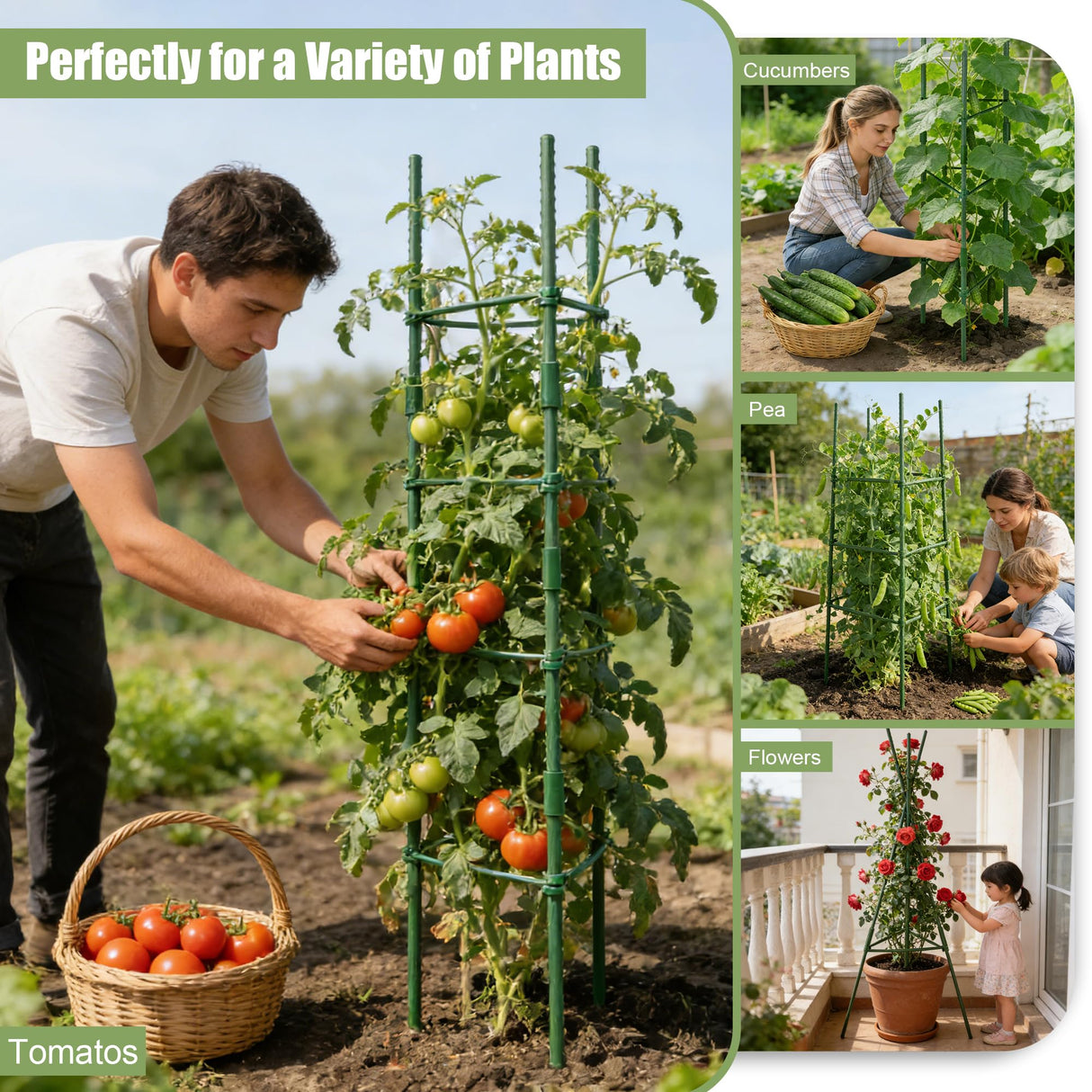 6-Pack 48'' (4ft) Tomato Cages & Trellis – Outdoor Garden Adjustable Plant Support & Stakes for Home Gardeners, Raised Garden Beds & Patio, Supports Climbing Tomatoes, Vegetables & Flowers