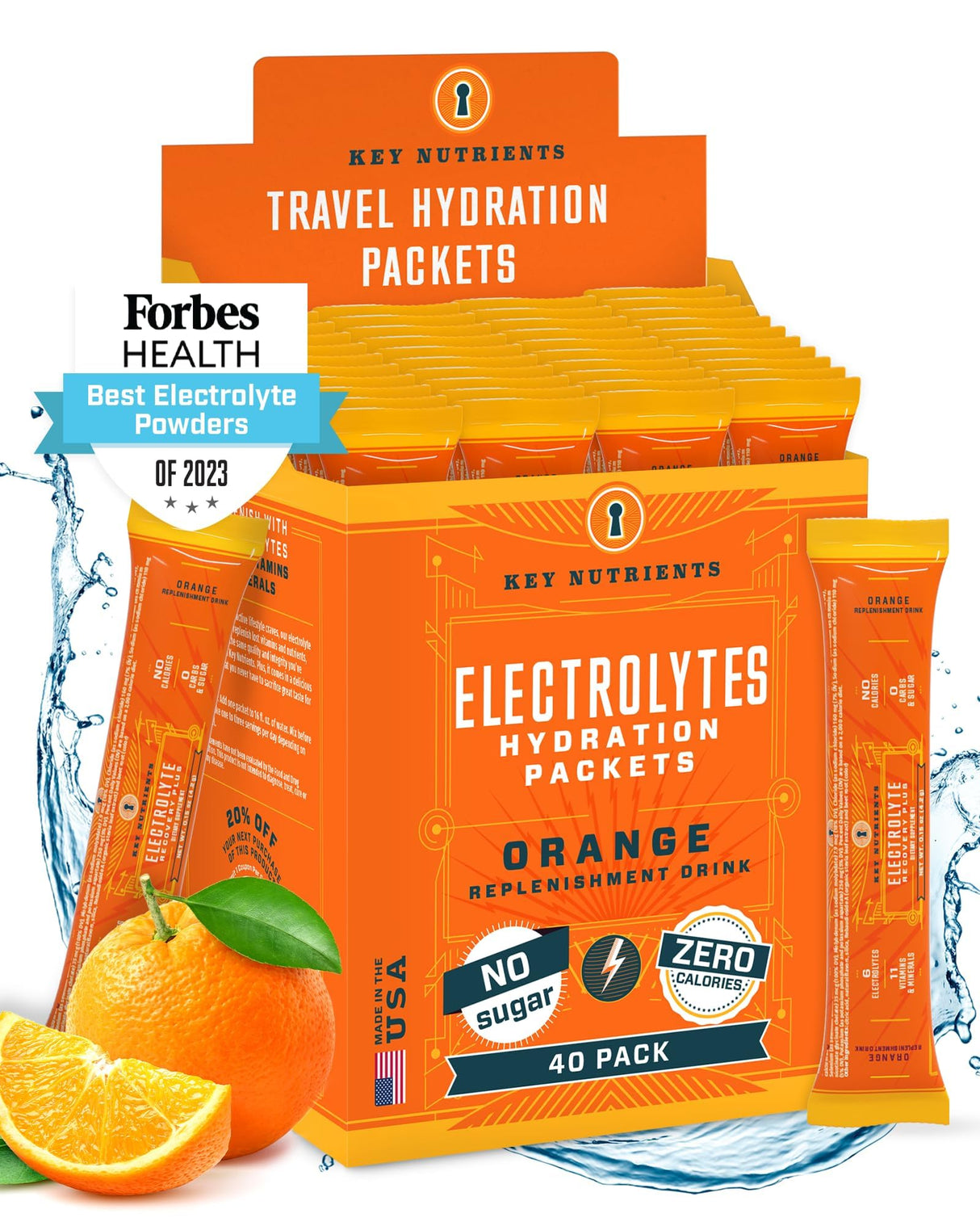 KEY NUTRIENTS Electrolytes Powder Packets - Tangy Orange 40 Pack Hydration Packets - Travel Hydration Powder - Made in USA - No Sugar, No Calories, Gluten Free