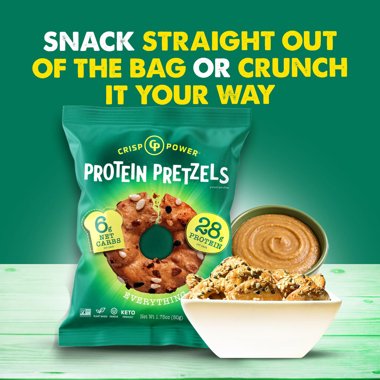 Crisp Power Protein Pretzels, Everything, High Protein Vegan Keto Snack, 28 G Plant Based Protein, Low Carb Crunchy Pretzel Snacks, Sugar Free, No Seed Oils, 1.75 oz Bags, 6 Pack