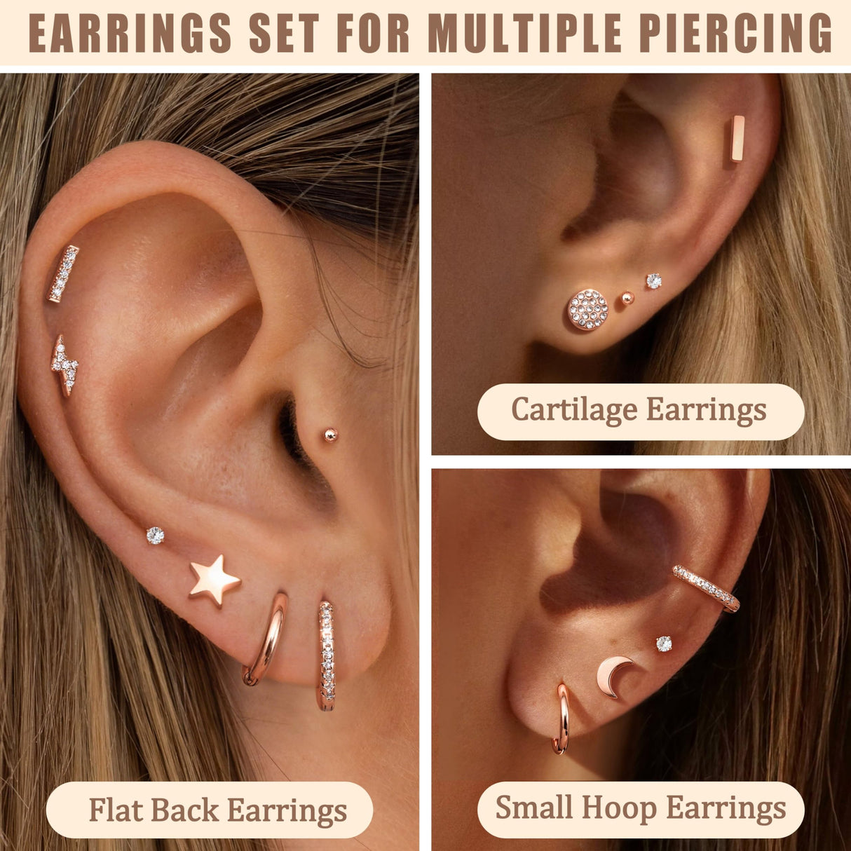 FASACCO 10Pairs Flat Back Earrings for Women Men - Hypoallergenic 14K Gold Plated Stainless Steel Flatback Stud Small Huggie Hoop Earrings 20G Tiny Gold Stud Earring Sets for Multiple PIercing Rose