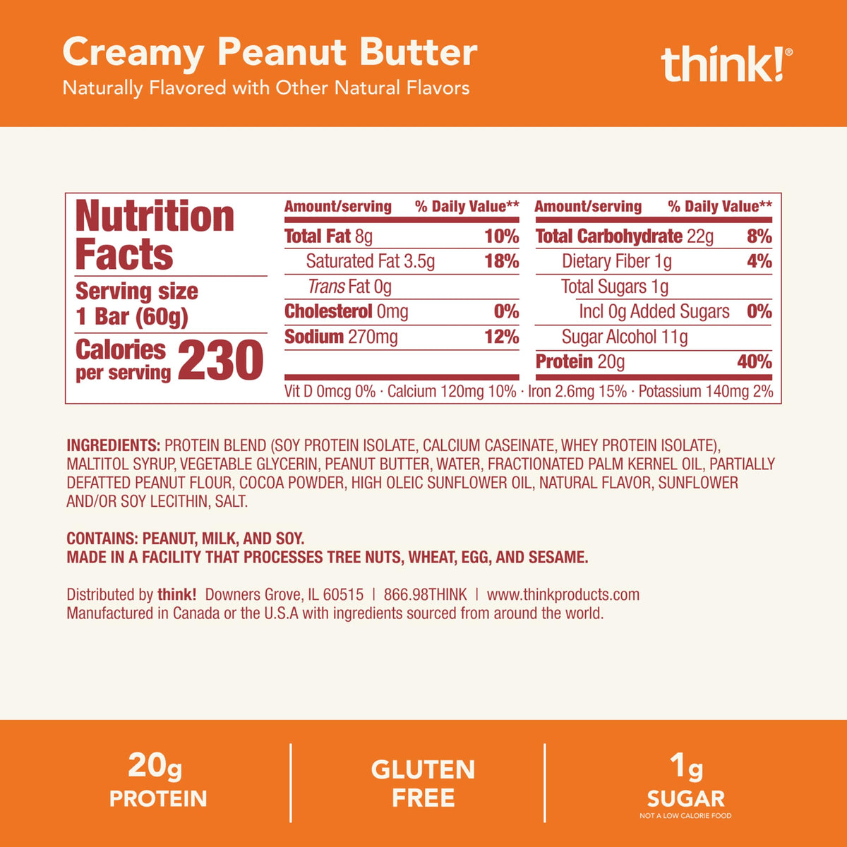 think! High Protein Bar, Creamy Peanut Butter, 12 Count