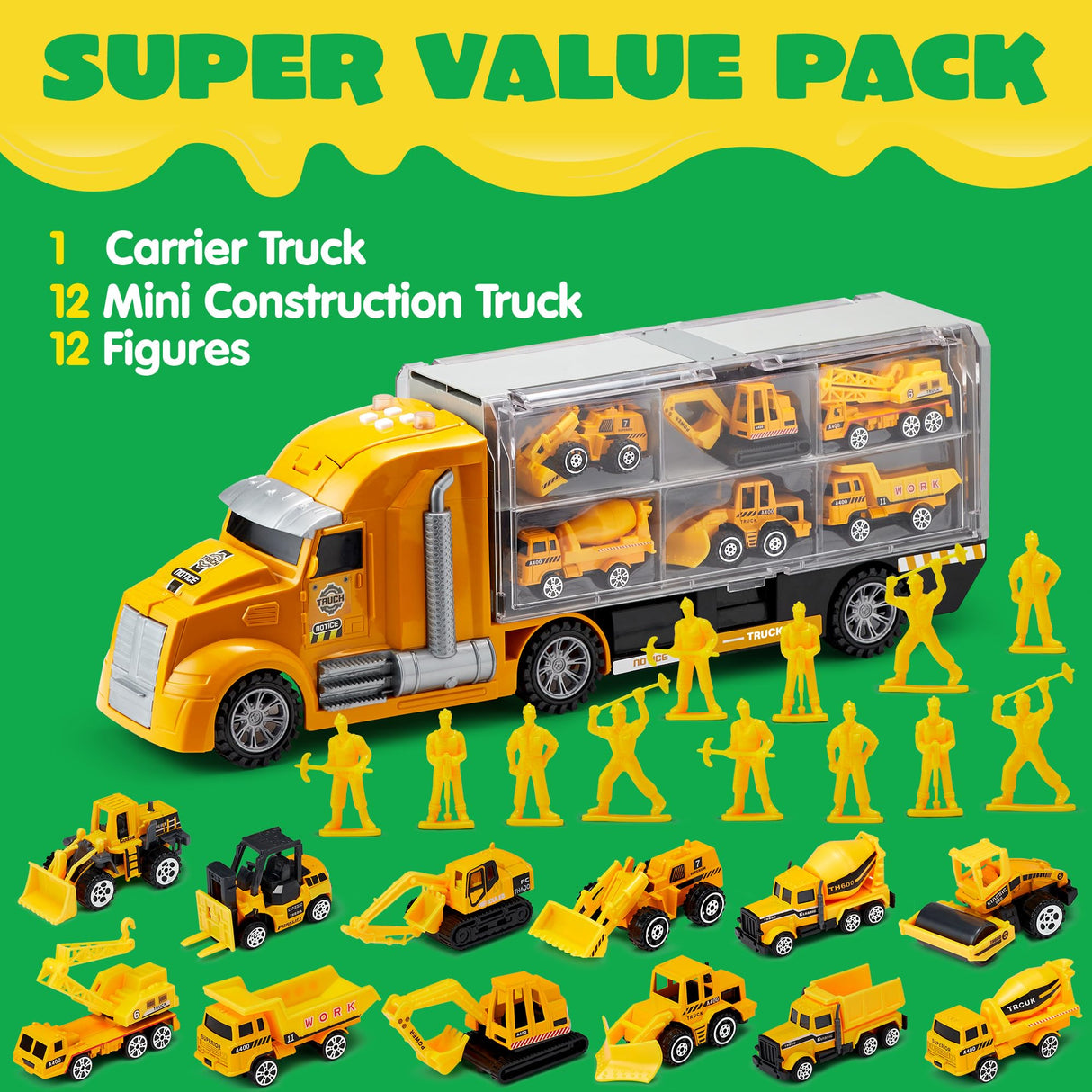 JOYIN 25 in 1 Kids Construction Truck Toy Set, 24Pcs Push and Go Cars and Worker Figures, Toddler Play Vehicles with Sounds and Light, Christmas Birthday Gifts Toys for 3 4 5 6 7 Years Old Grandkids