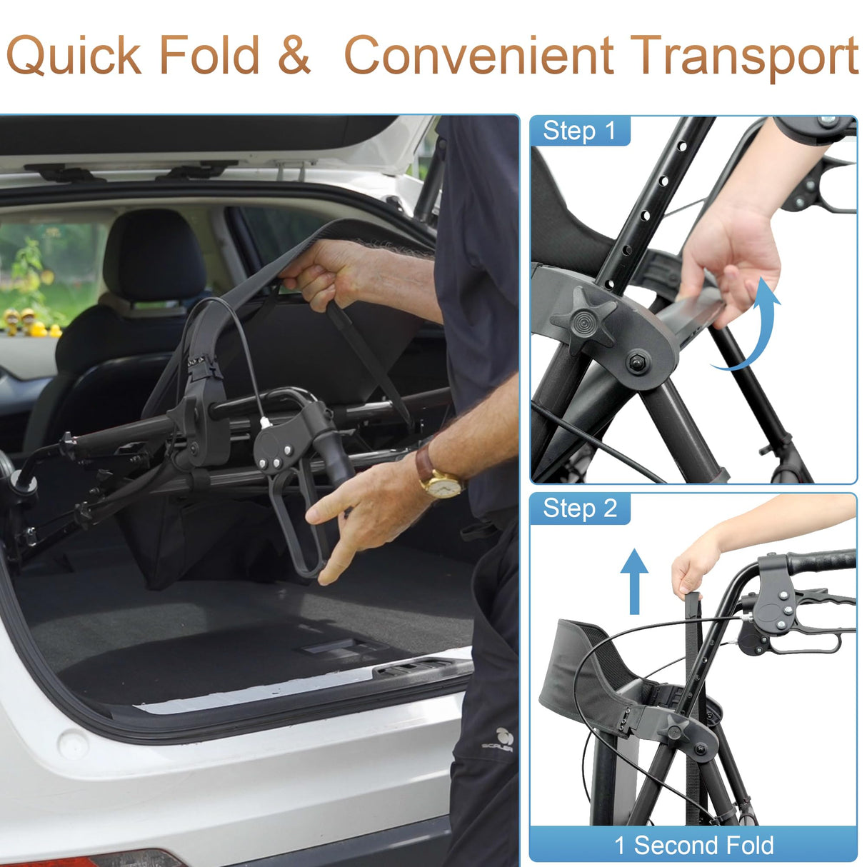 Rollator Walkers with Seat for Seniors, Foldable 8" Big Wheels All Terrain Rolling Walker, Handles and Ergonomic Seat Height Adjustable, 350 lb, FSA HSA Eligible