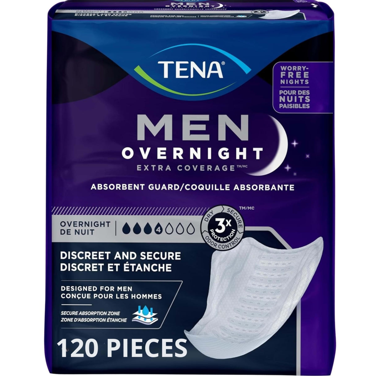 TENA Men Overnight Incontinence Guard, Bladder Control, Discrete, Overnight Absorbency, 120 Count