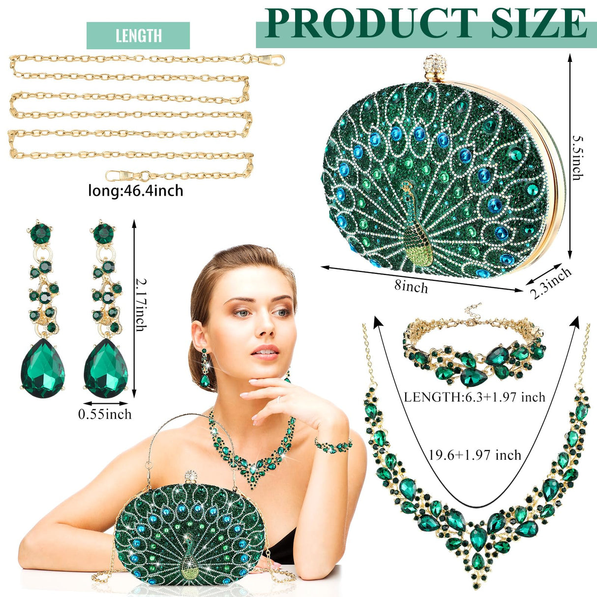 Quelay 4 Pcs Purse Rhinestone Jewelry Set Women,Classic,Peacock Green