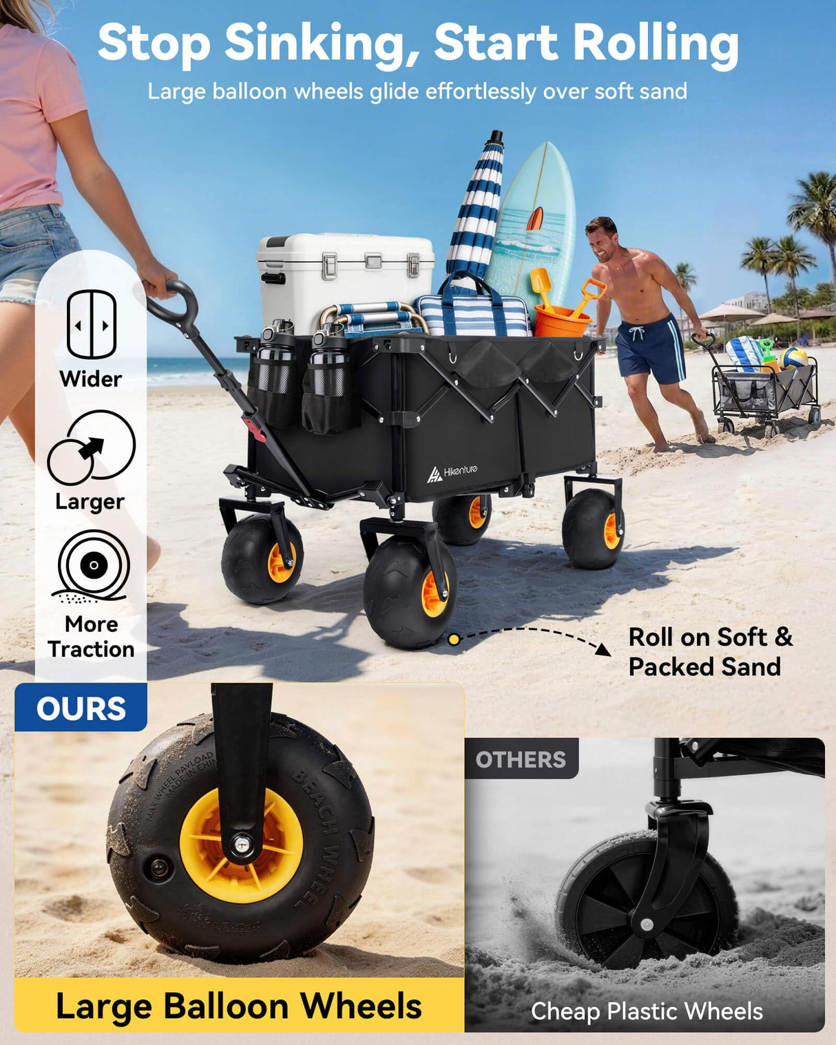 Hikenture Beach Wagon with Balloon Wheels, 7.5“ Big Wheel Collapsible Wagon