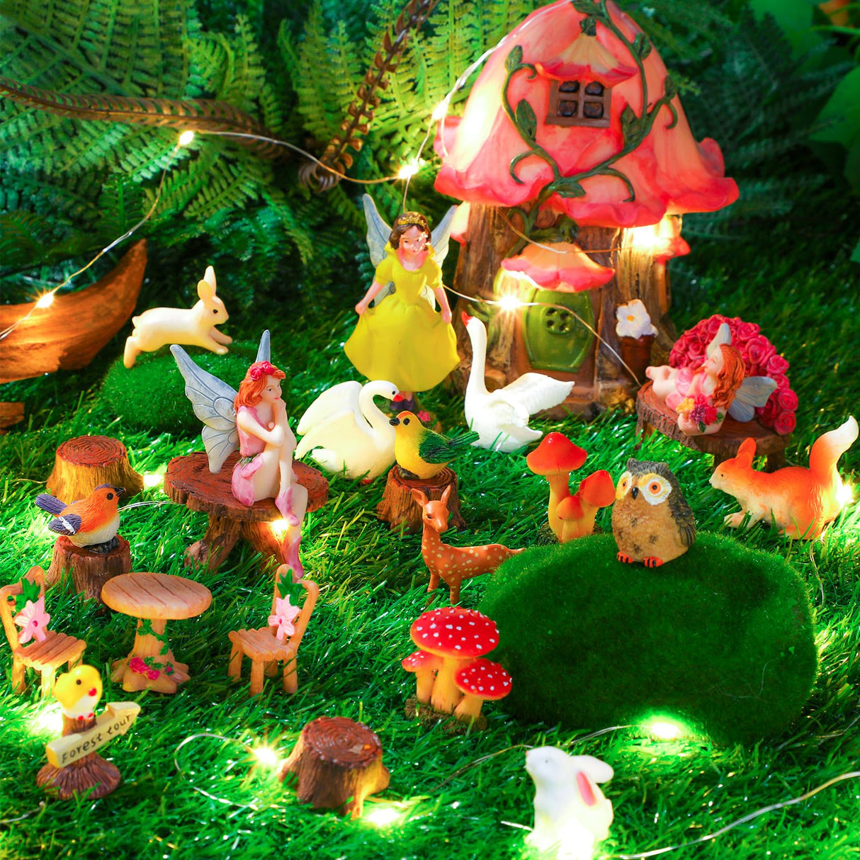 Soaoo Fairy House Garden Figurines Kit Summer Garden Decor Elves Decoration Outdoor Ornaments Animals Butterfly Fairy Mushroom Party Supplies DIY Micro Landscape Dollhouse