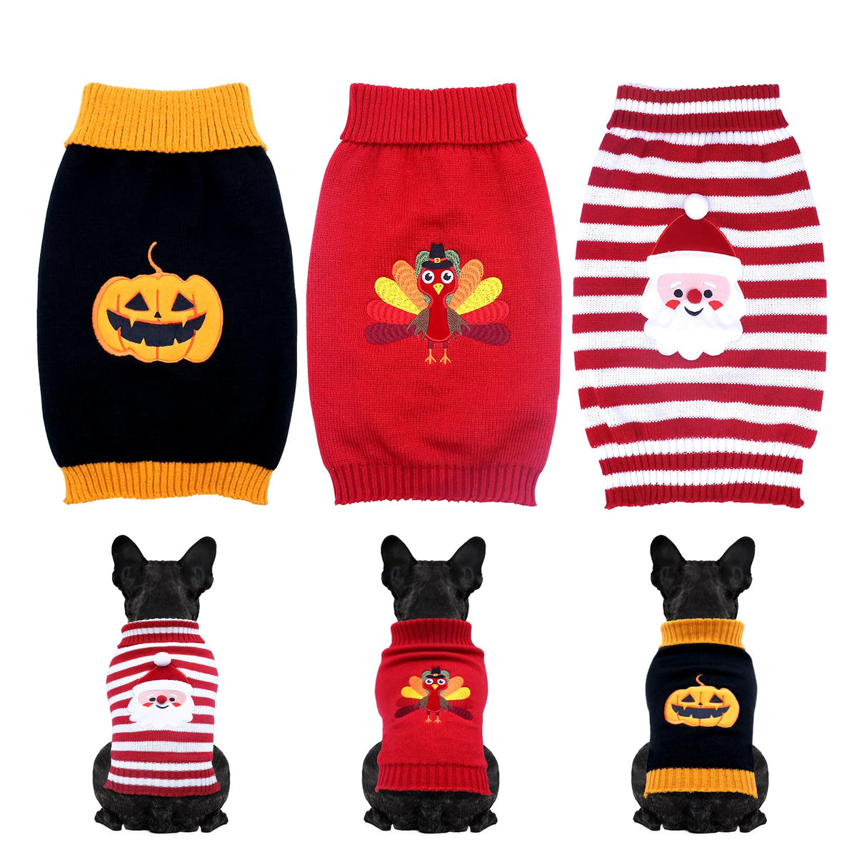 3 Pack Halloween Thanksgiving Christmas Dog Cat Knit Sweater Set - Dog Clothes with Santa Pattern Pumpkin Turkey Pets Costumes-Dog Fall Sweaters for Holiday(m)